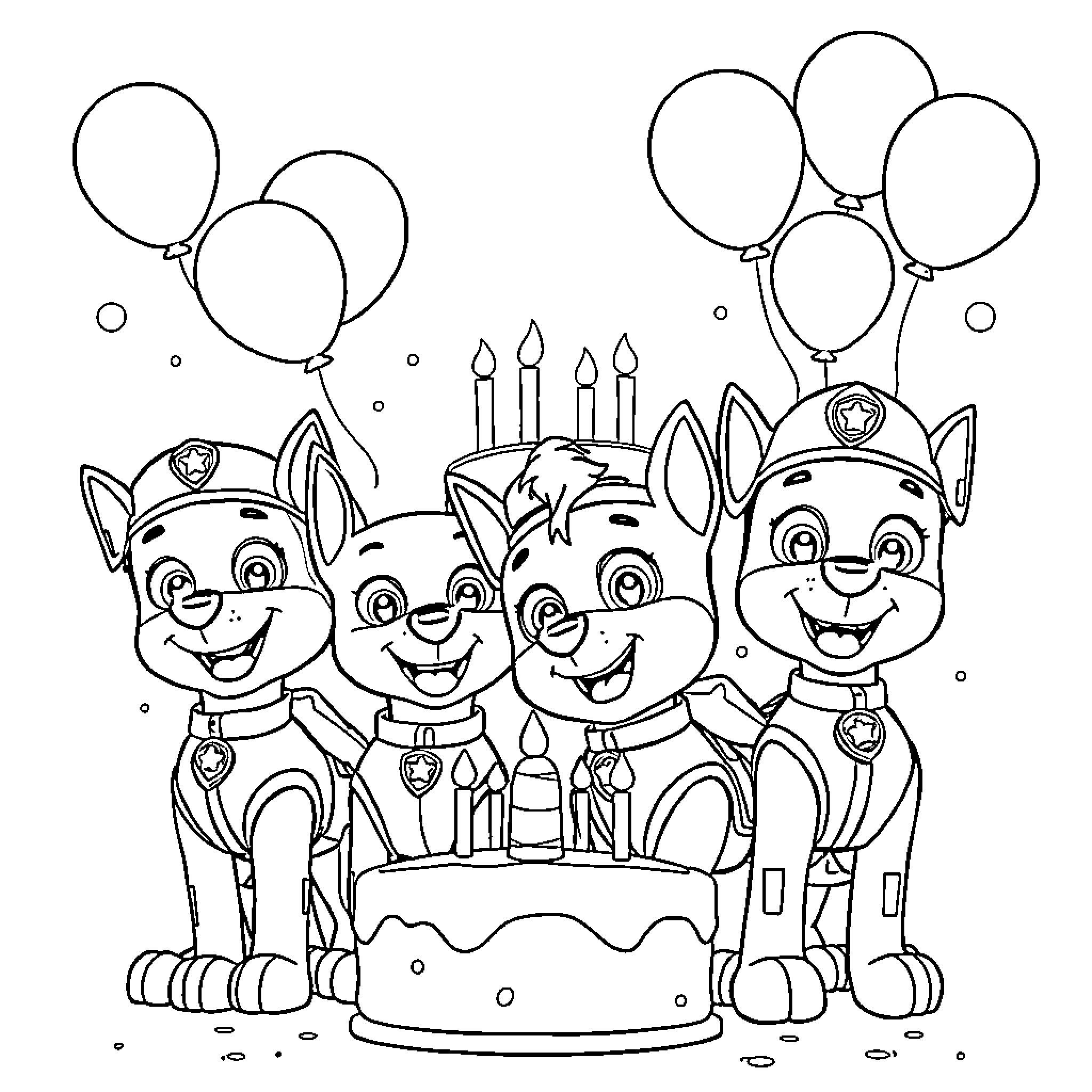 Paw Patrol Celebrating a Birthday Party Coloring Page (free black-and-white line drawing printable PDF for all, from beginners to advanced learners, including children, teens, adults, and seniors)