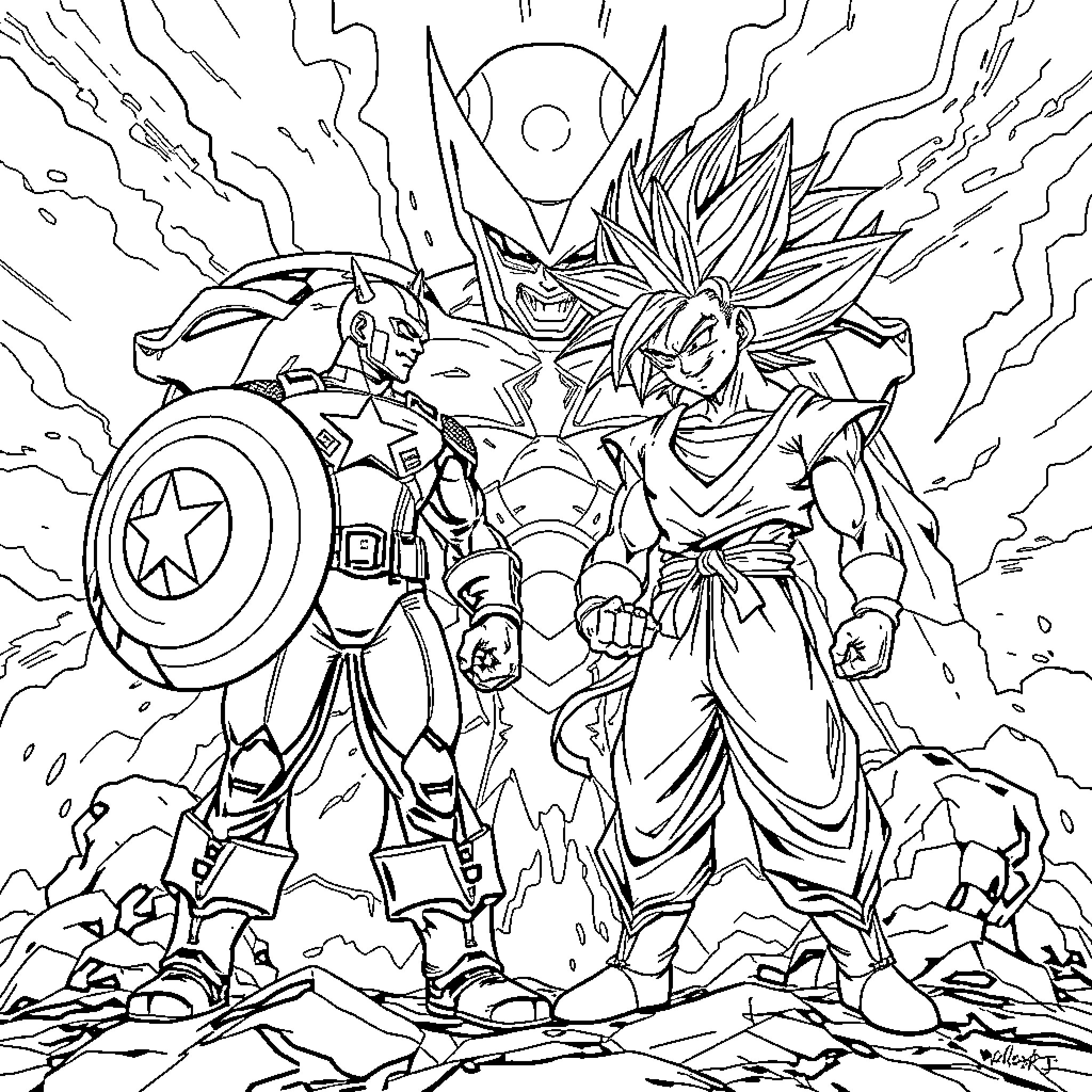 Captain America and Super Saiyan Warrior in Epic Battle Coloring Page (free black-and-white line drawing printable PDF for all, from beginners to advanced learners, including children, teens, adults, and seniors)