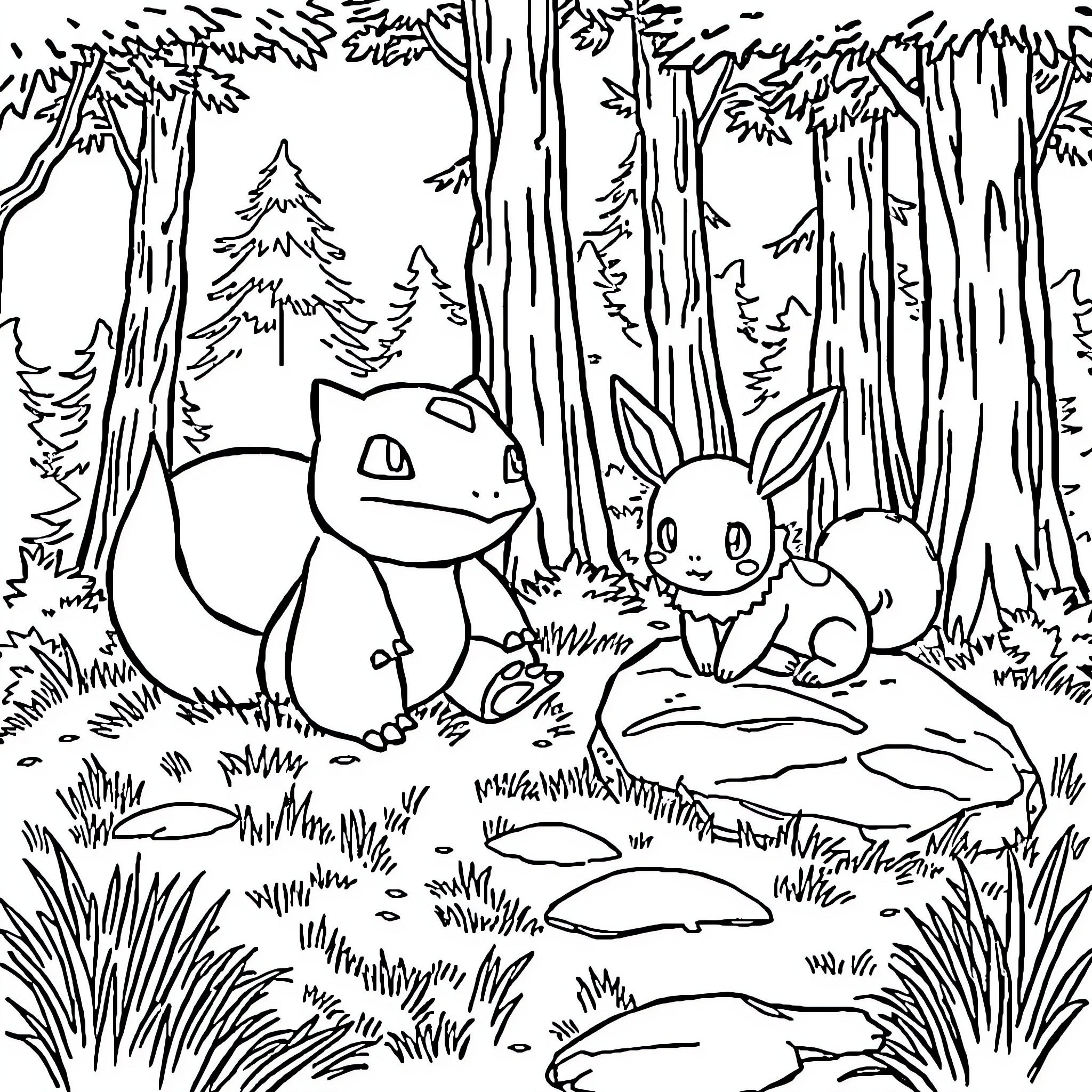 Bulbasaur and friends in the forest Coloring Page (free black-and-white line drawing printable PDF for all, from beginners to advanced learners, including children, teens, adults, and seniors)