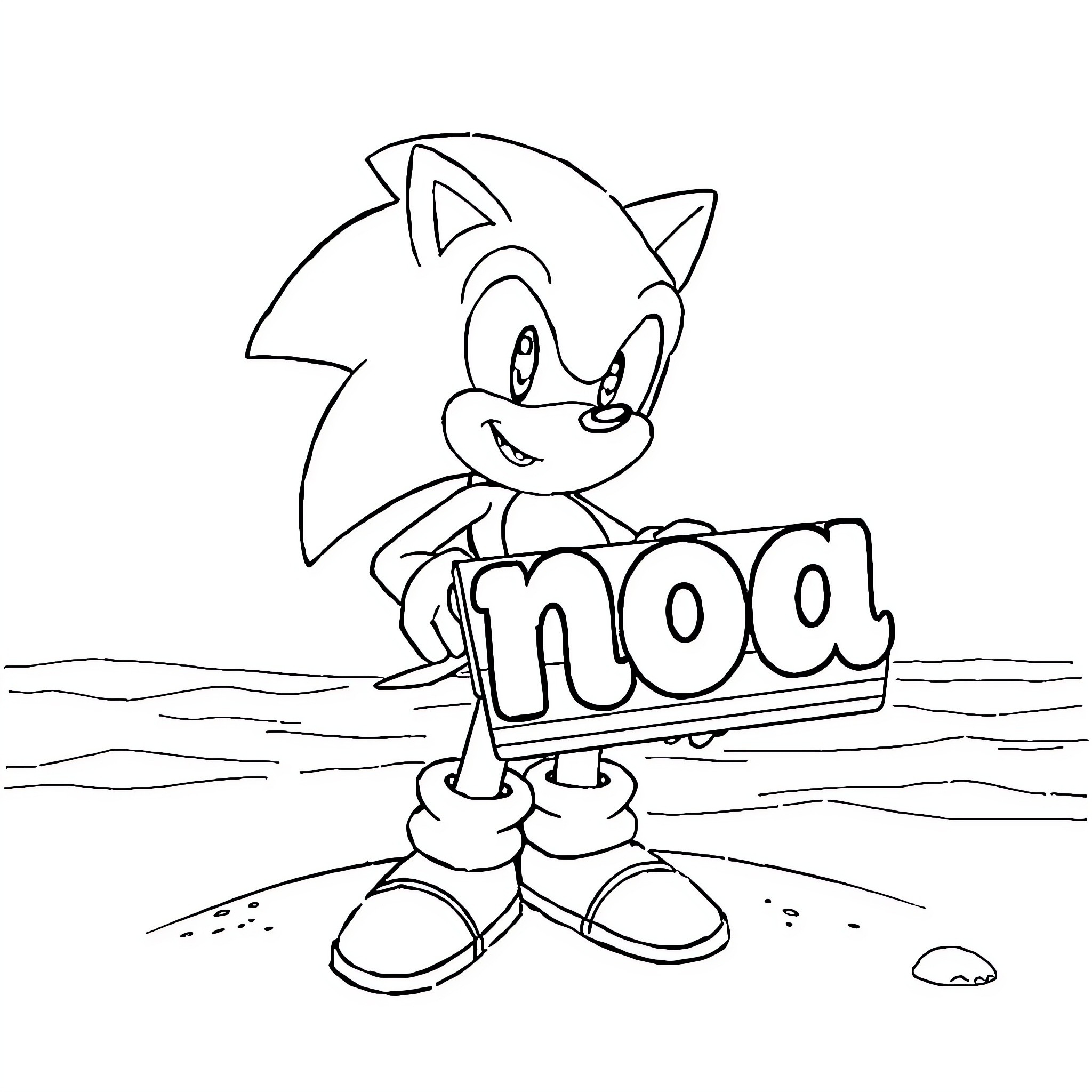 Sonic character with the word 'noa' Coloring Page (free black-and-white line drawing printable PDF for all, from beginners to advanced learners, including children, teens, adults, and seniors)