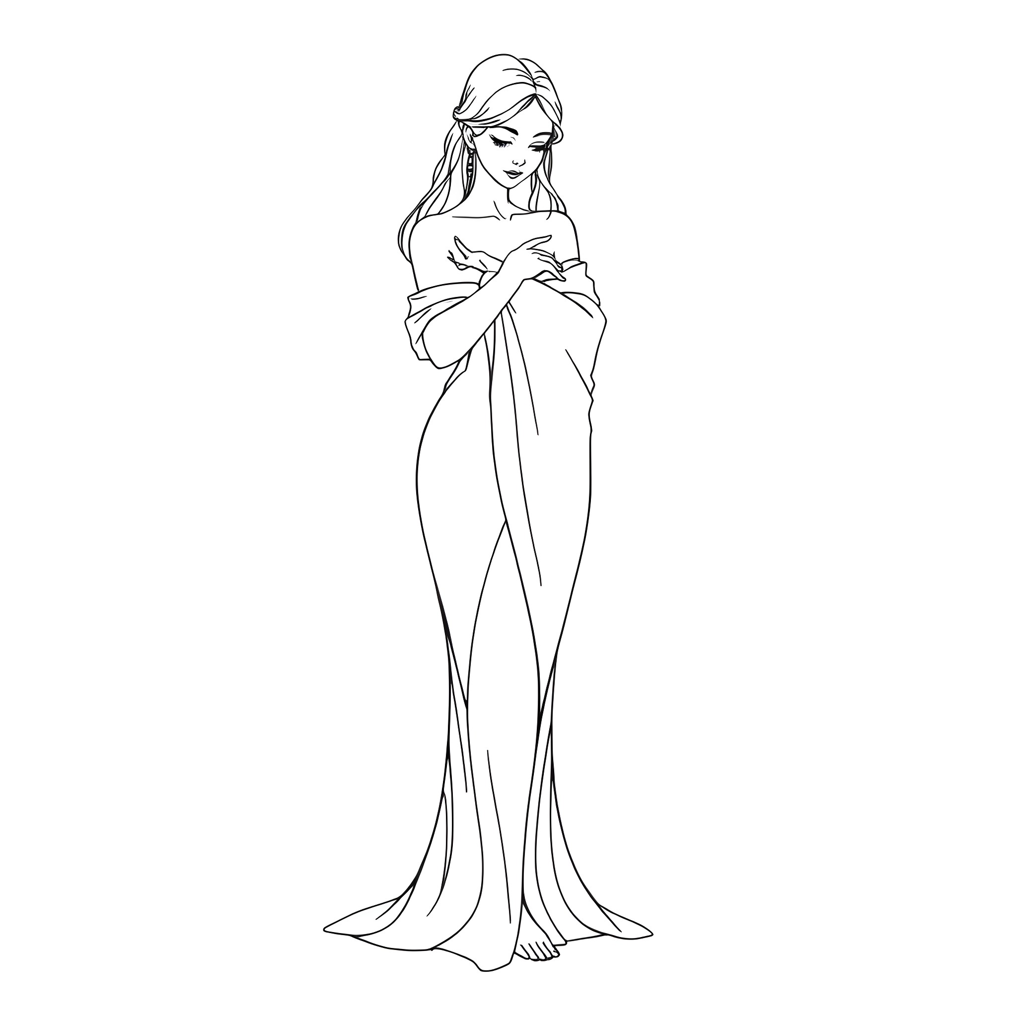 Woman in elegant gown with flowing dress Coloring Page (free black-and-white line drawing printable PDF for all, from beginners to advanced learners, including children, teens, adults, and seniors)