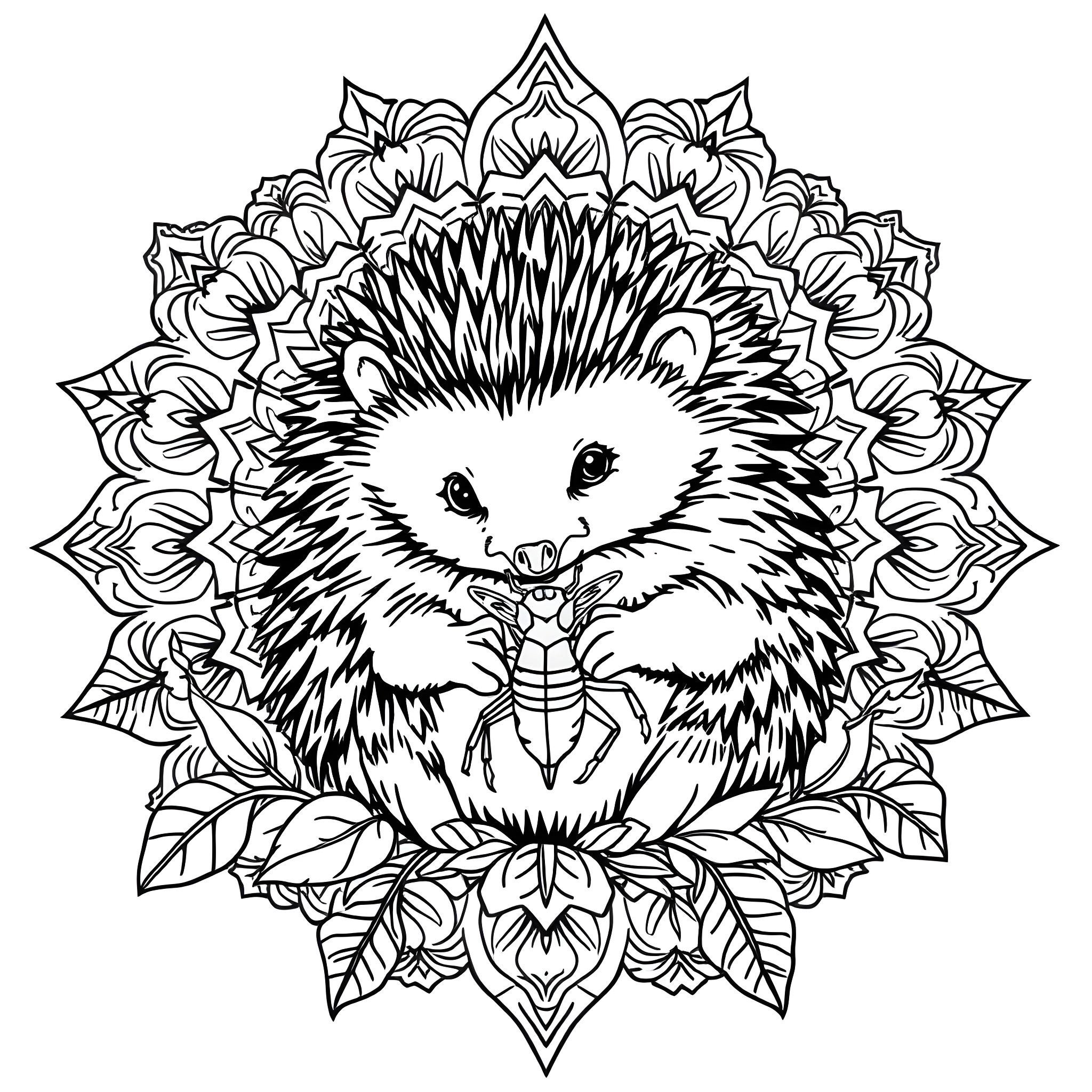 Hedgehog curled up in a floral mandala Coloring Page (free black-and-white line drawing printable PDF for all, from beginners to advanced learners, including children, teens, adults, and seniors)