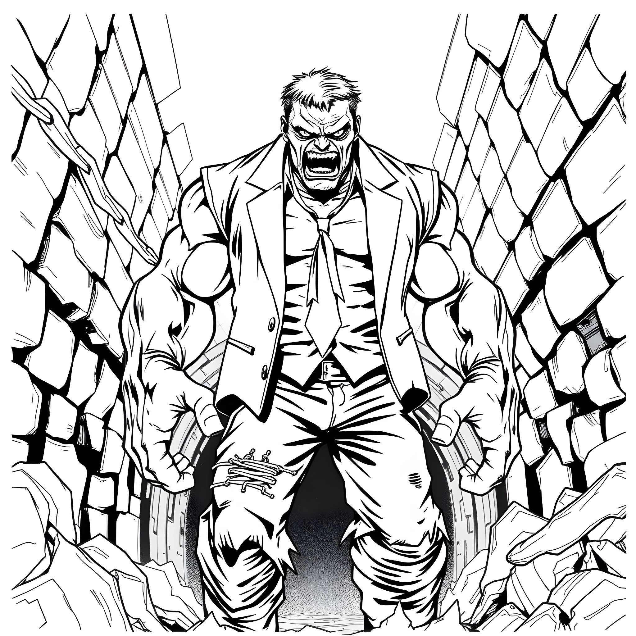 Zombie hero breaking through the rubble Coloring Page (free black-and-white line drawing printable PDF for all, from beginners to advanced learners, including children, teens, adults, and seniors)