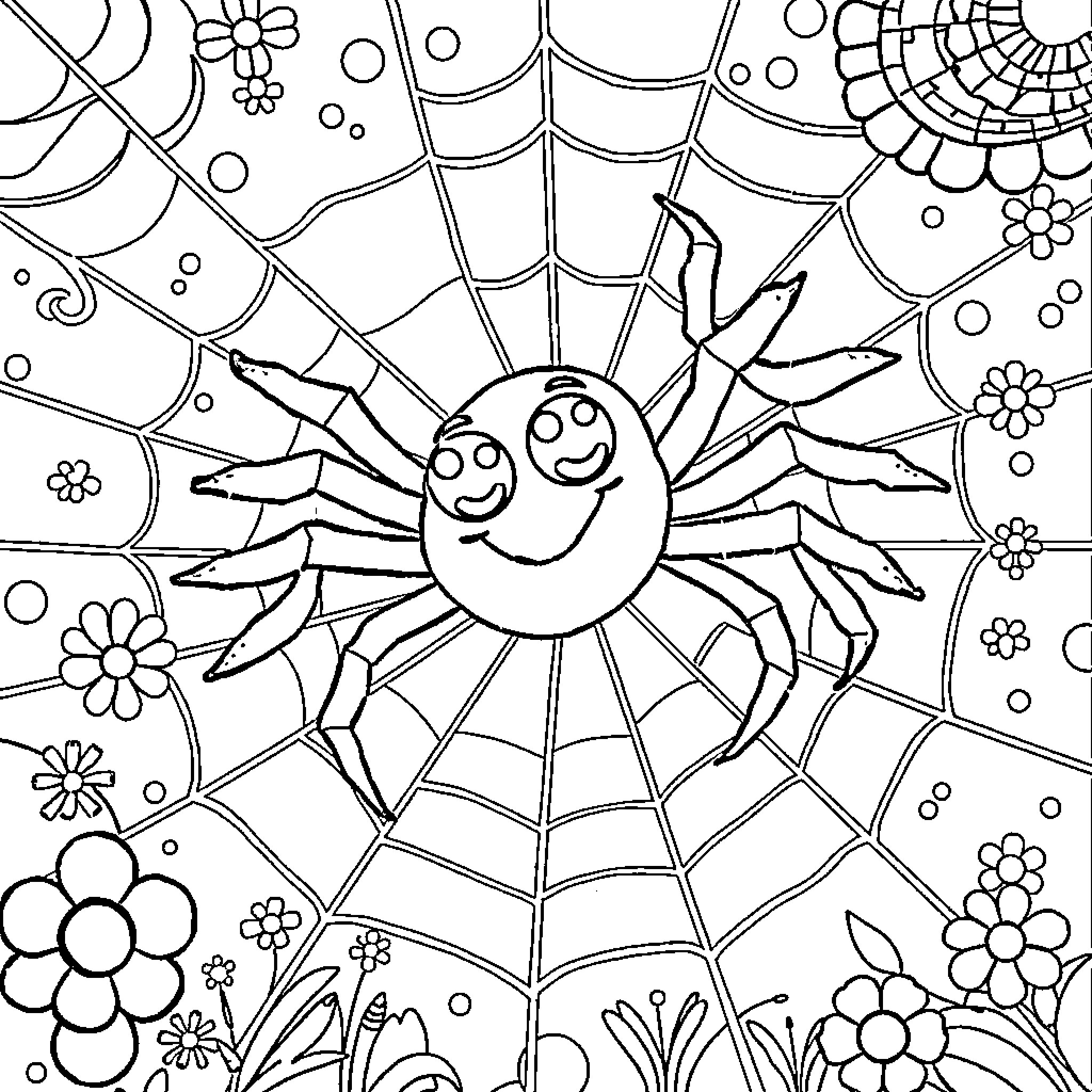 Spider spinning a happy web with flowers Coloring Page (free black-and-white line drawing printable PDF for all, from beginners to advanced learners, including children, teens, adults, and seniors)
