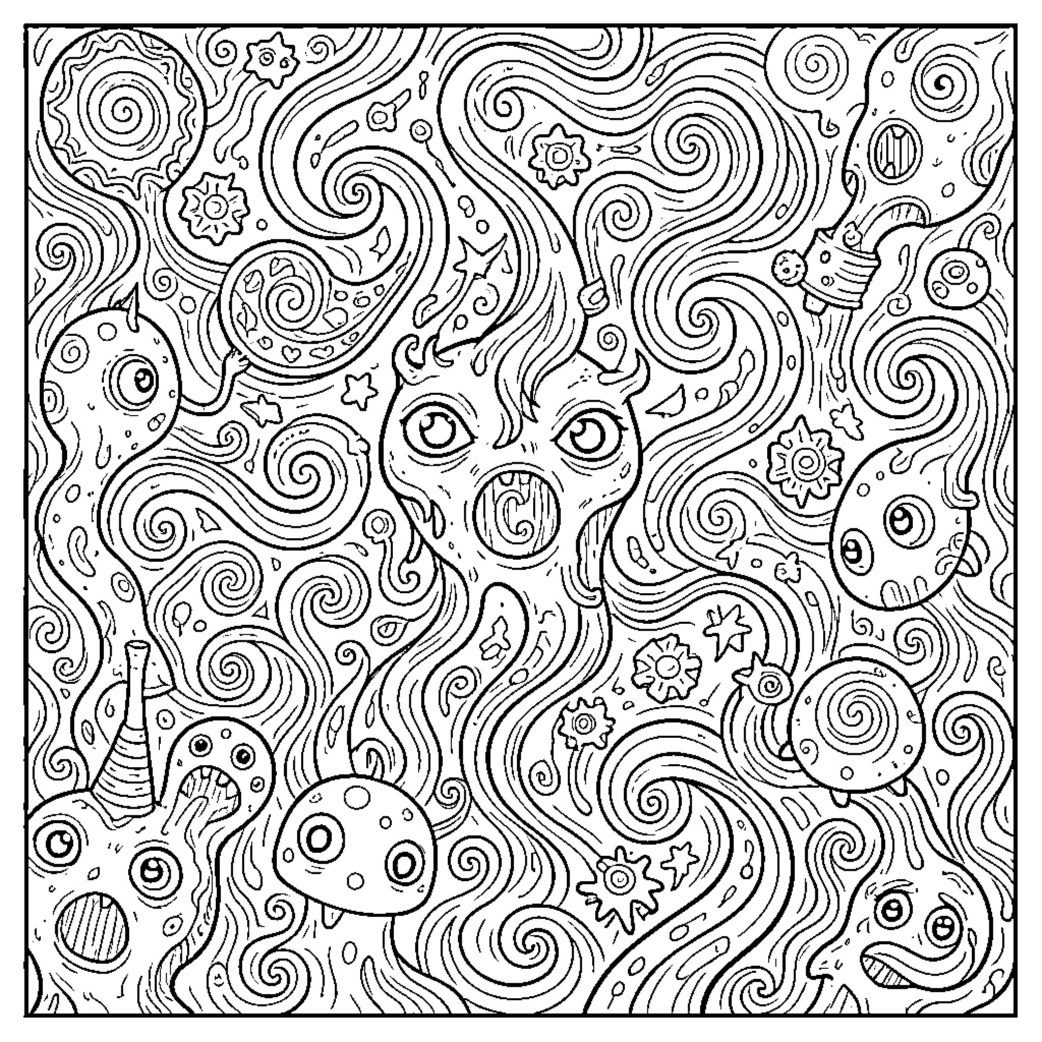 Fever Dream of Whimsical Creatures and Patterns Coloring Page (free black-and-white line drawing printable PDF for all, from beginners to advanced learners, including children, teens, adults, and seniors)