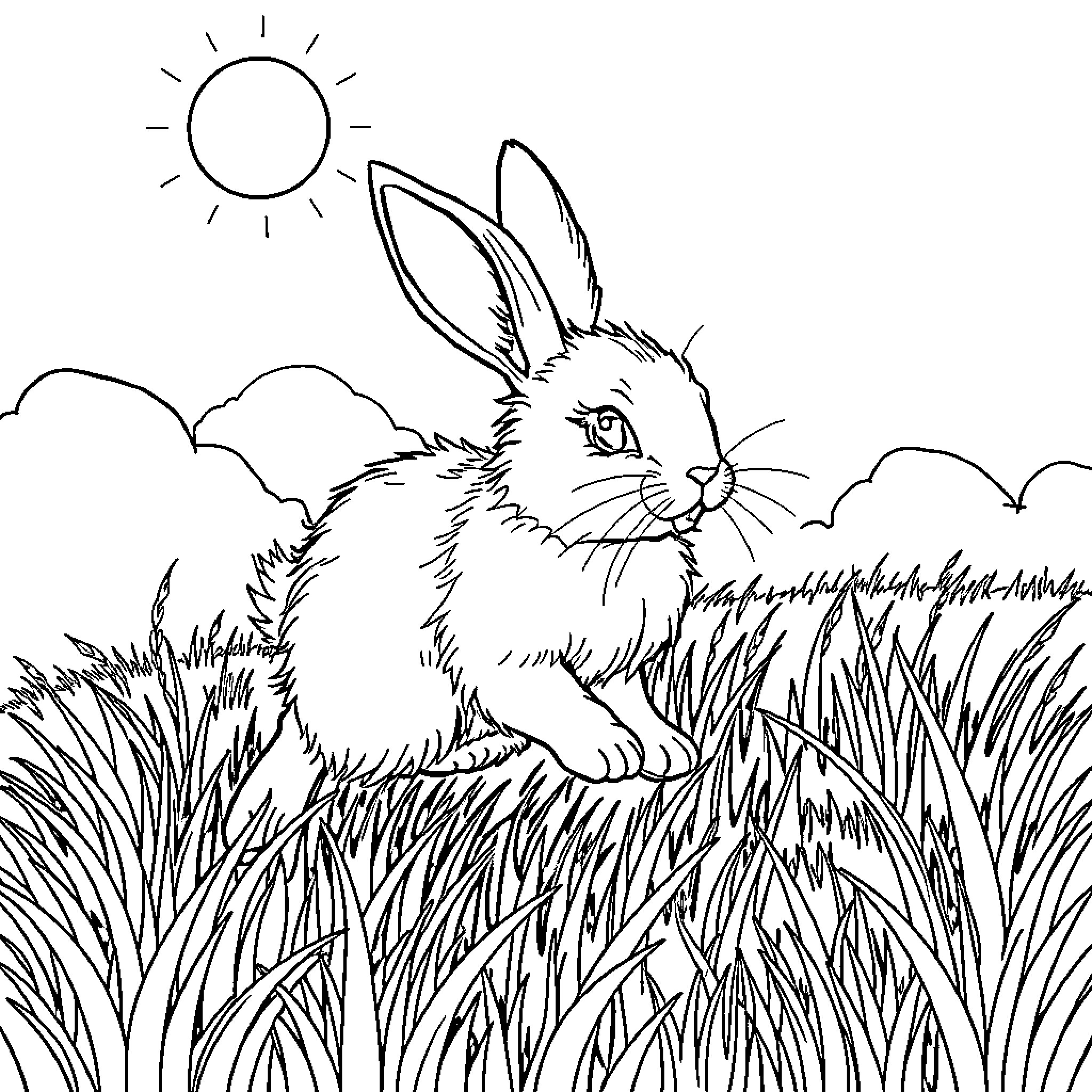 Bunny resting peacefully in the grassy field Coloring Page (free black-and-white line drawing printable PDF for all, from beginners to advanced learners, including children, teens, adults, and seniors)