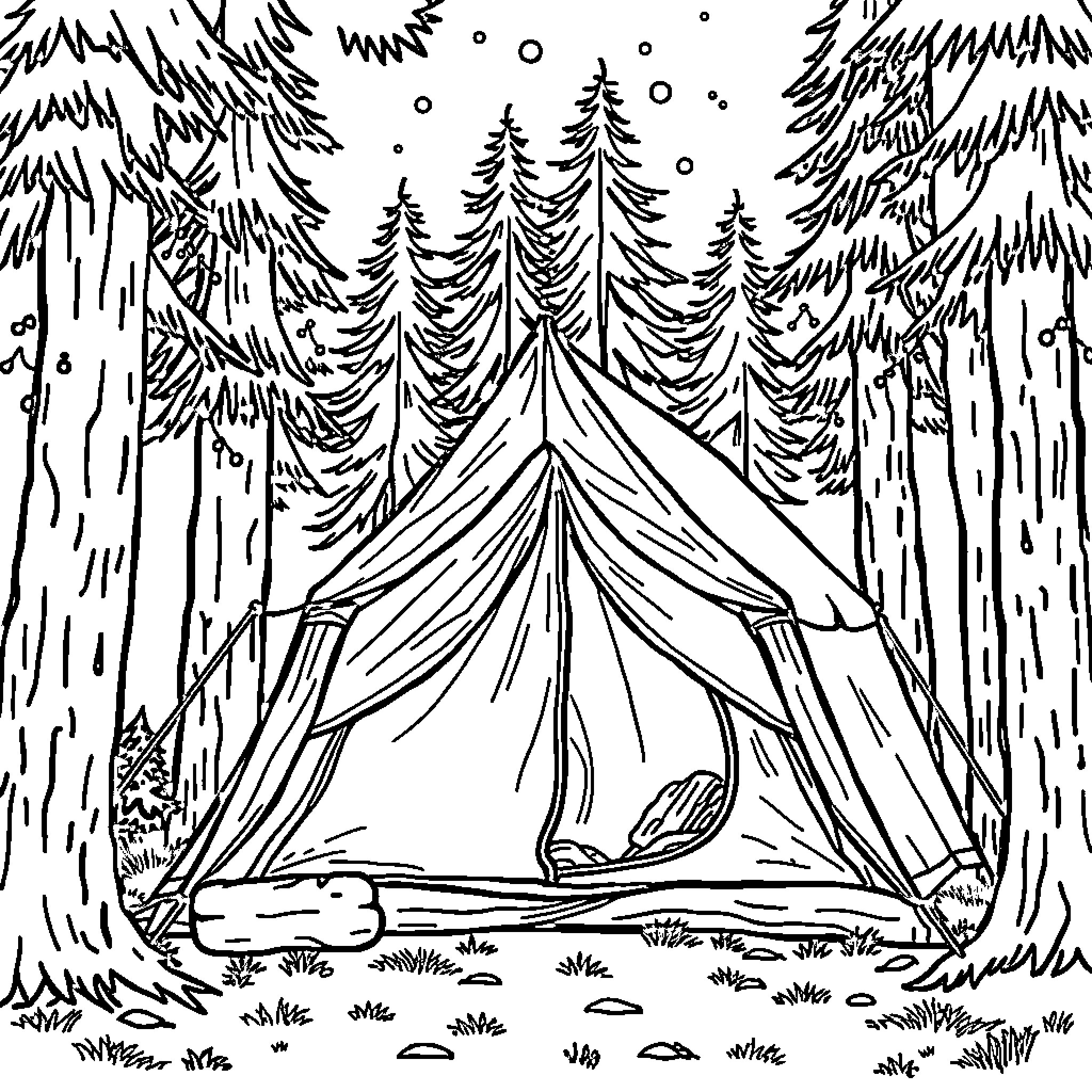 Camping in the snowy forest with a tent Coloring Page (free black-and-white line drawing printable PDF for all, from beginners to advanced learners, including children, teens, adults, and seniors)