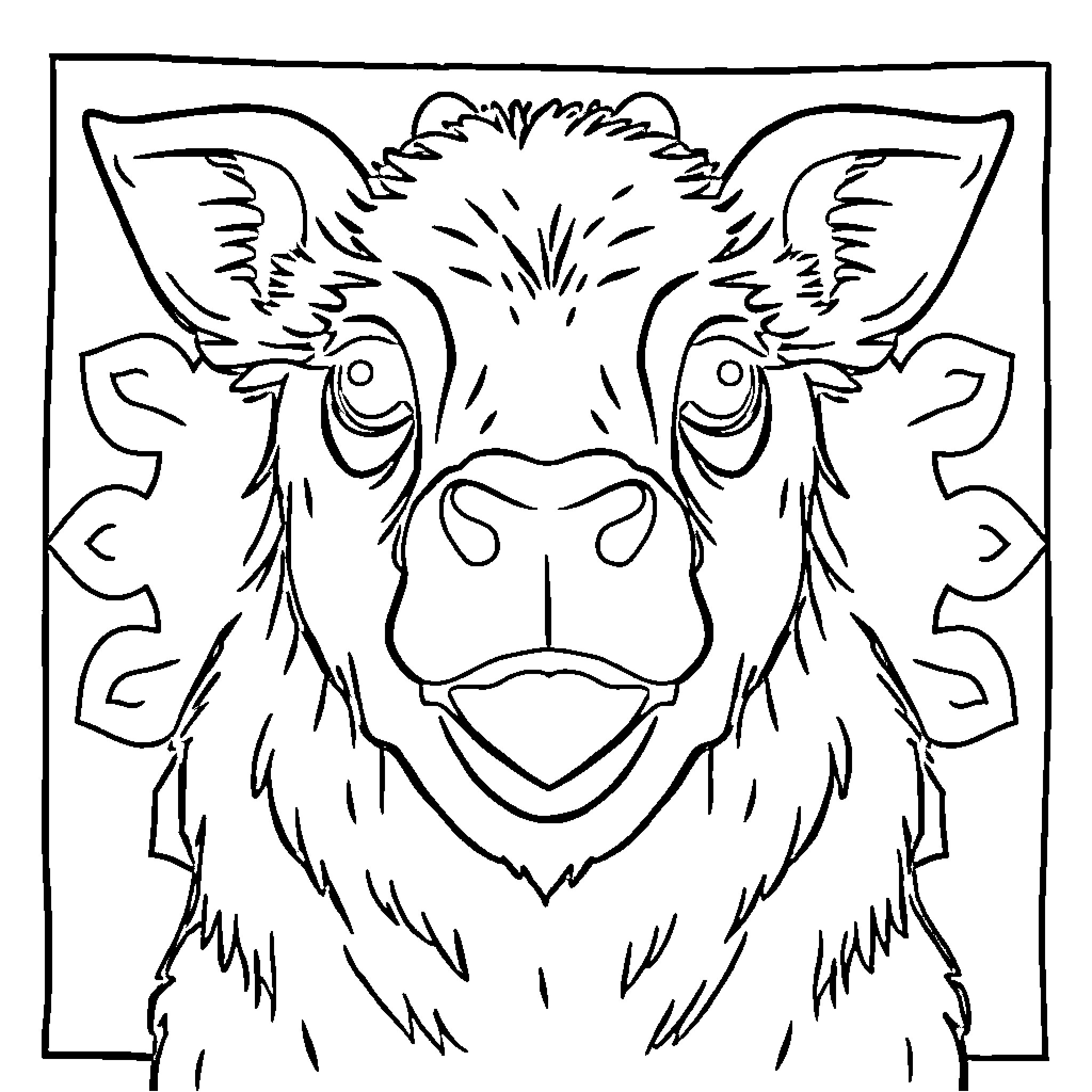 Sheep with Expressive Features in Frame Coloring Page (free black-and-white line drawing printable PDF for all, from beginners to advanced learners, including children, teens, adults, and seniors)