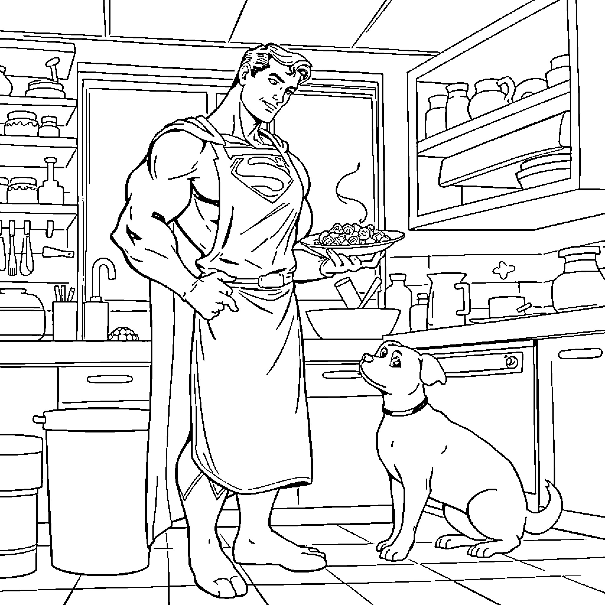 Superman Cooking a Meal with His Dog Coloring Page (free black-and-white line drawing printable PDF for all, from beginners to advanced learners, including children, teens, adults, and seniors)