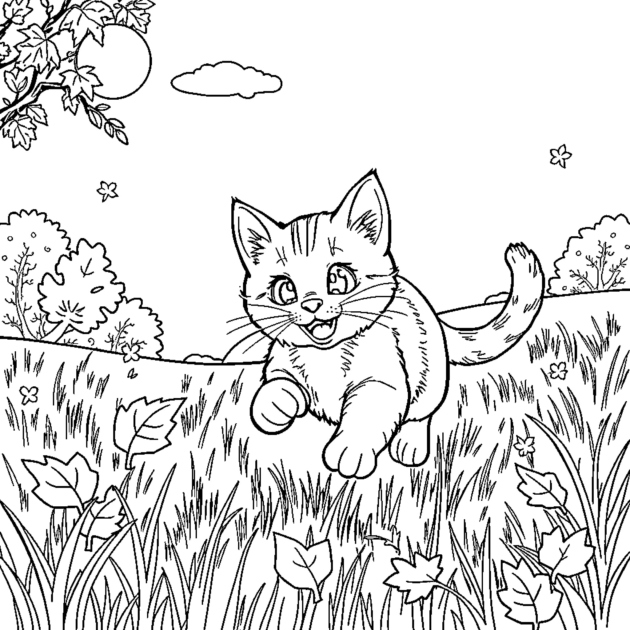 Cat playing in the grassy field Coloring Page (free black-and-white line drawing printable PDF for all, from beginners to advanced learners, including children, teens, adults, and seniors)