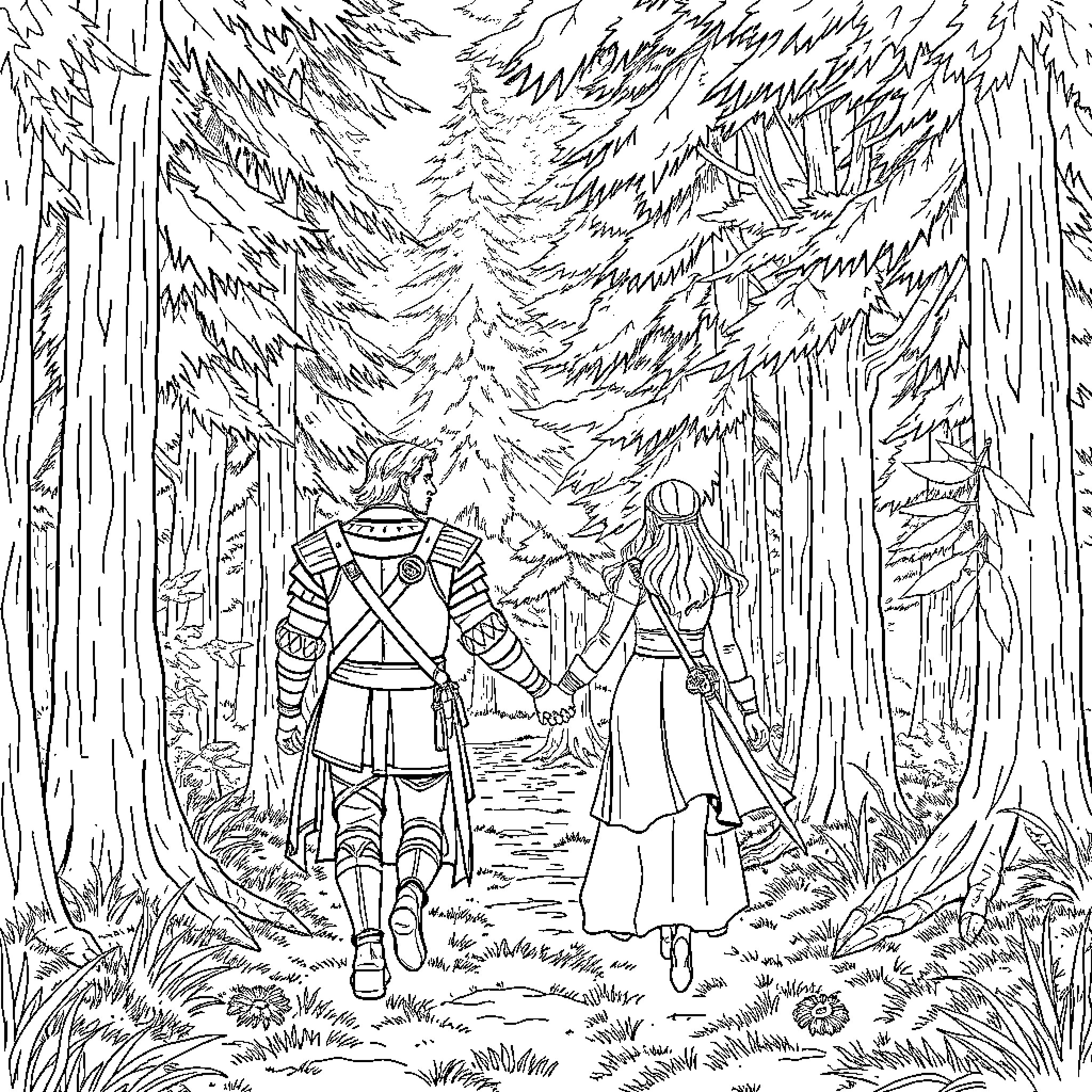 Geralt and companion explore enchanted forest Coloring Page (free black-and-white line drawing printable PDF for all, from beginners to advanced learners, including children, teens, adults, and seniors)