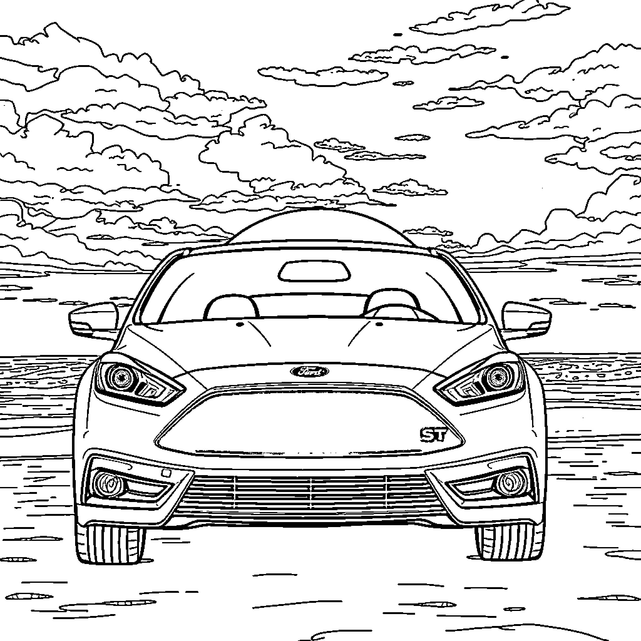 Ford Focus sports car on the road Coloring Page (free black-and-white line drawing printable PDF for all, from beginners to advanced learners, including children, teens, adults, and seniors)