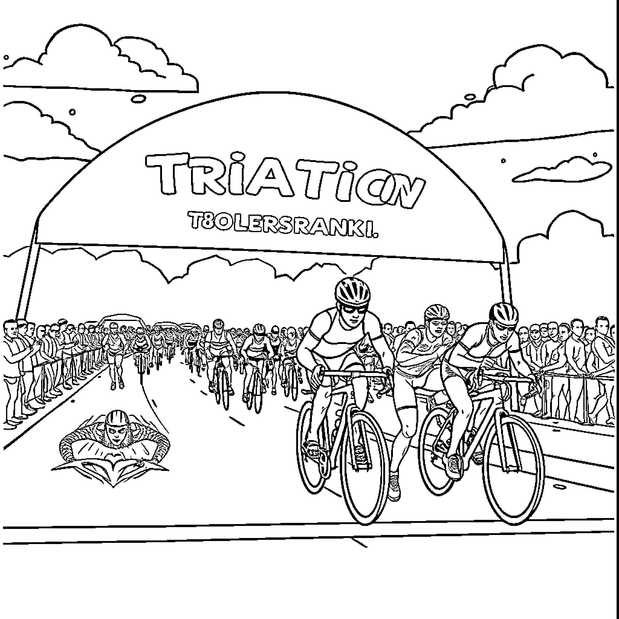 Triathlon competition with cyclists and spectators Coloring Page (free black-and-white line drawing printable PDF for all, from beginners to advanced learners, including children, teens, adults, and seniors)