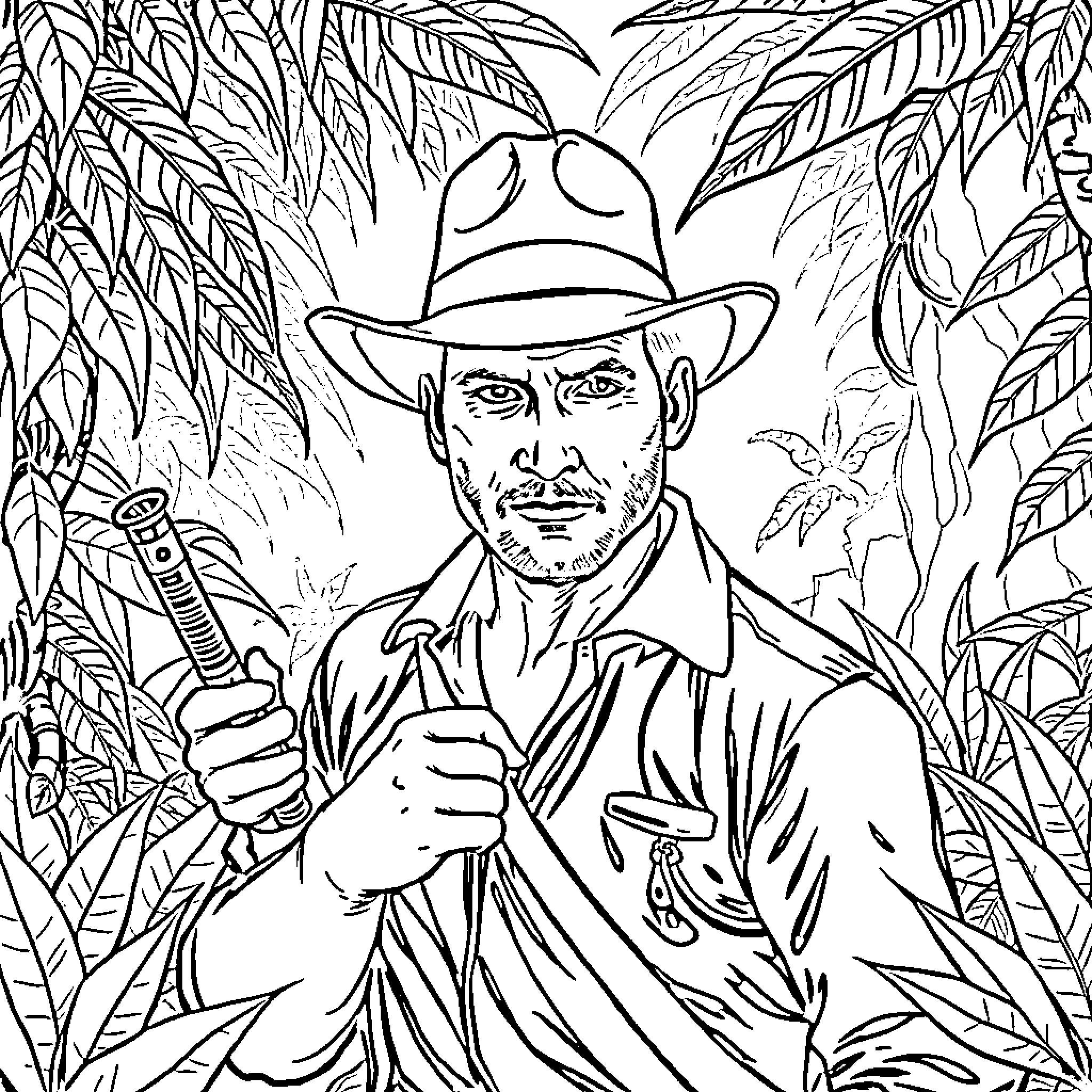 Indiana Jones Adventuring in the Jungle Coloring Page (free black-and-white line drawing printable PDF for all, from beginners to advanced learners, including children, teens, adults, and seniors)