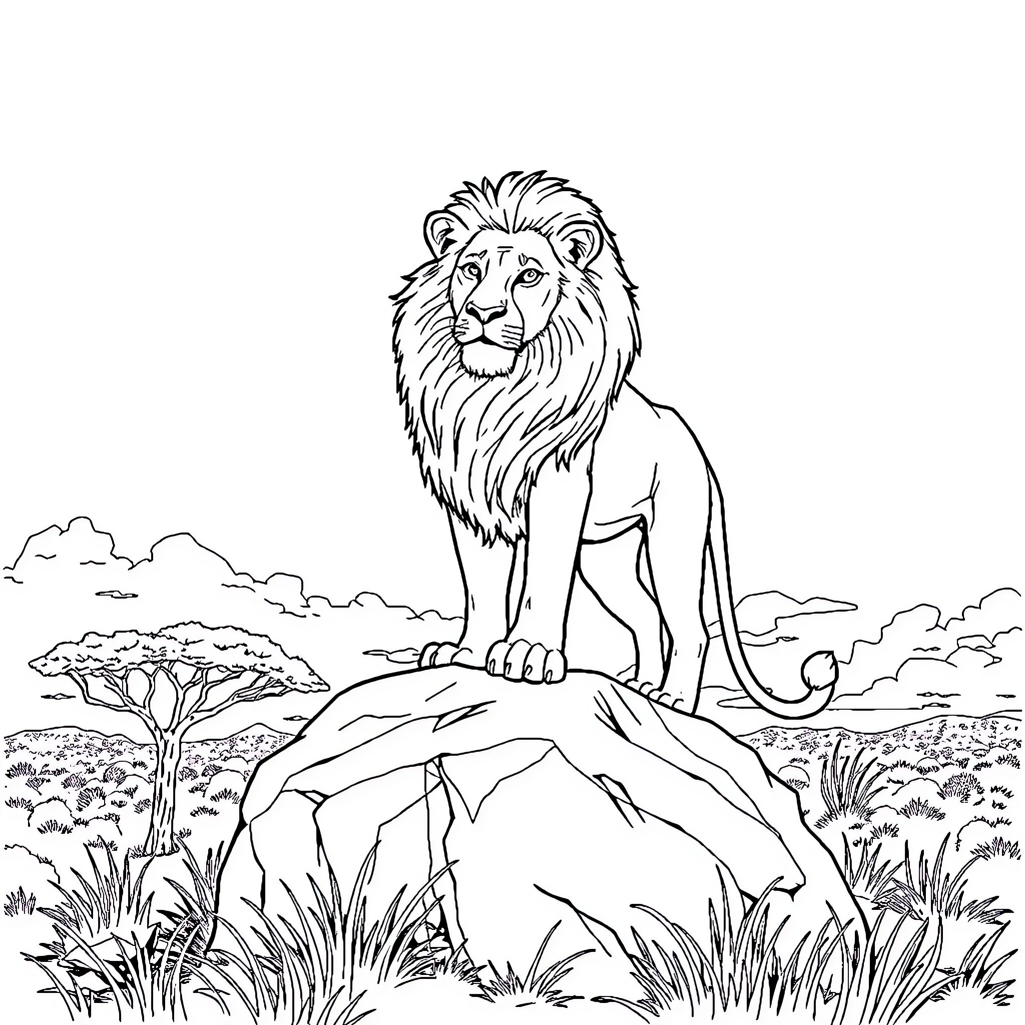 Lion Standing Proudly in African Savanna Coloring Page (free black-and-white line drawing printable PDF for all, from beginners to advanced learners, including children, teens, adults, and seniors)