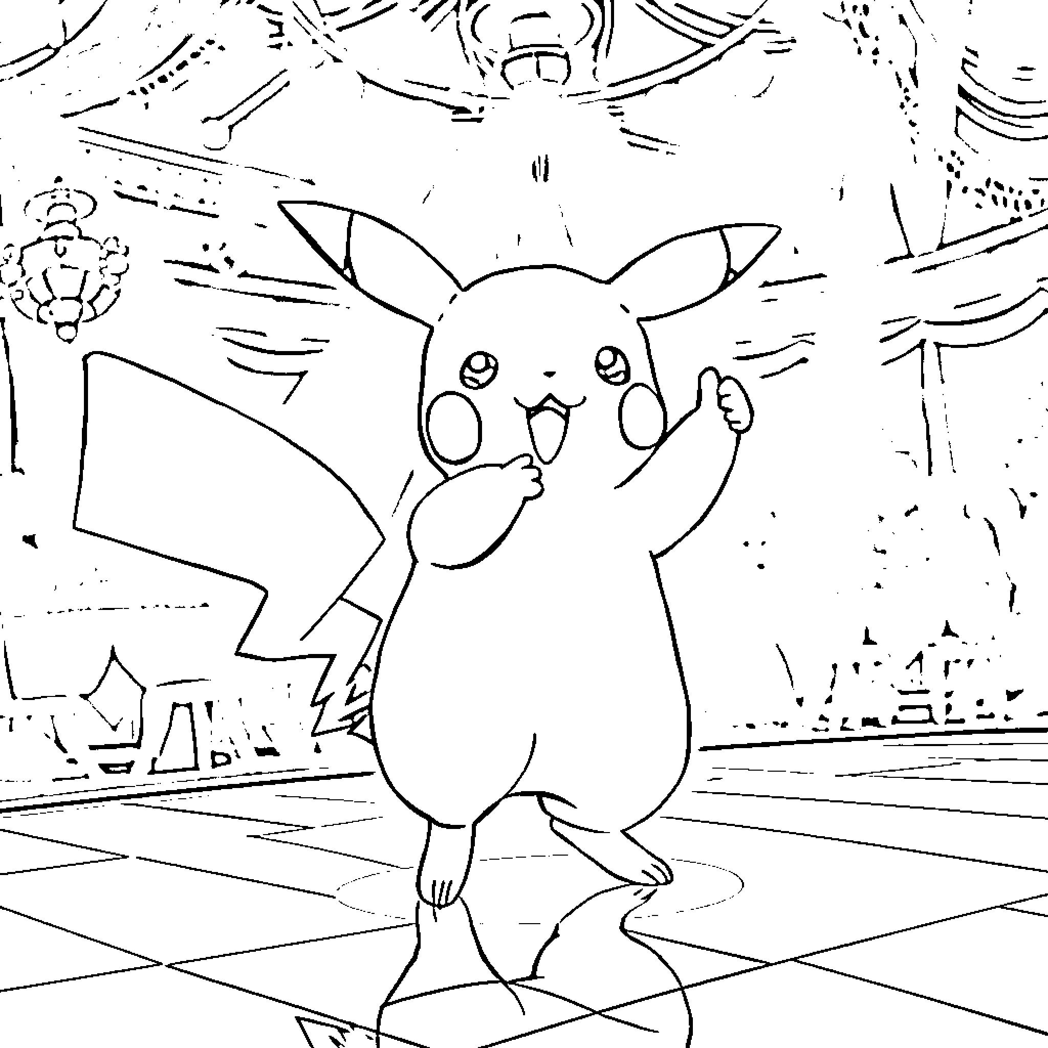 Pikachu happily waving in a cartoon scene Coloring Page (free black-and-white line drawing printable PDF for all, from beginners to advanced learners, including children, teens, adults, and seniors)