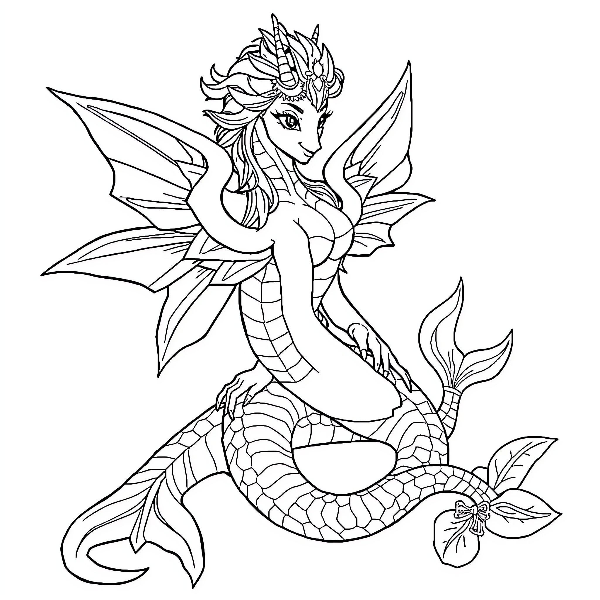 Cat mermaid with dragon-like features in fantasy setting Coloring Page (free black-and-white line drawing printable PDF for all, from beginners to advanced learners, including children, teens, adults, and seniors)