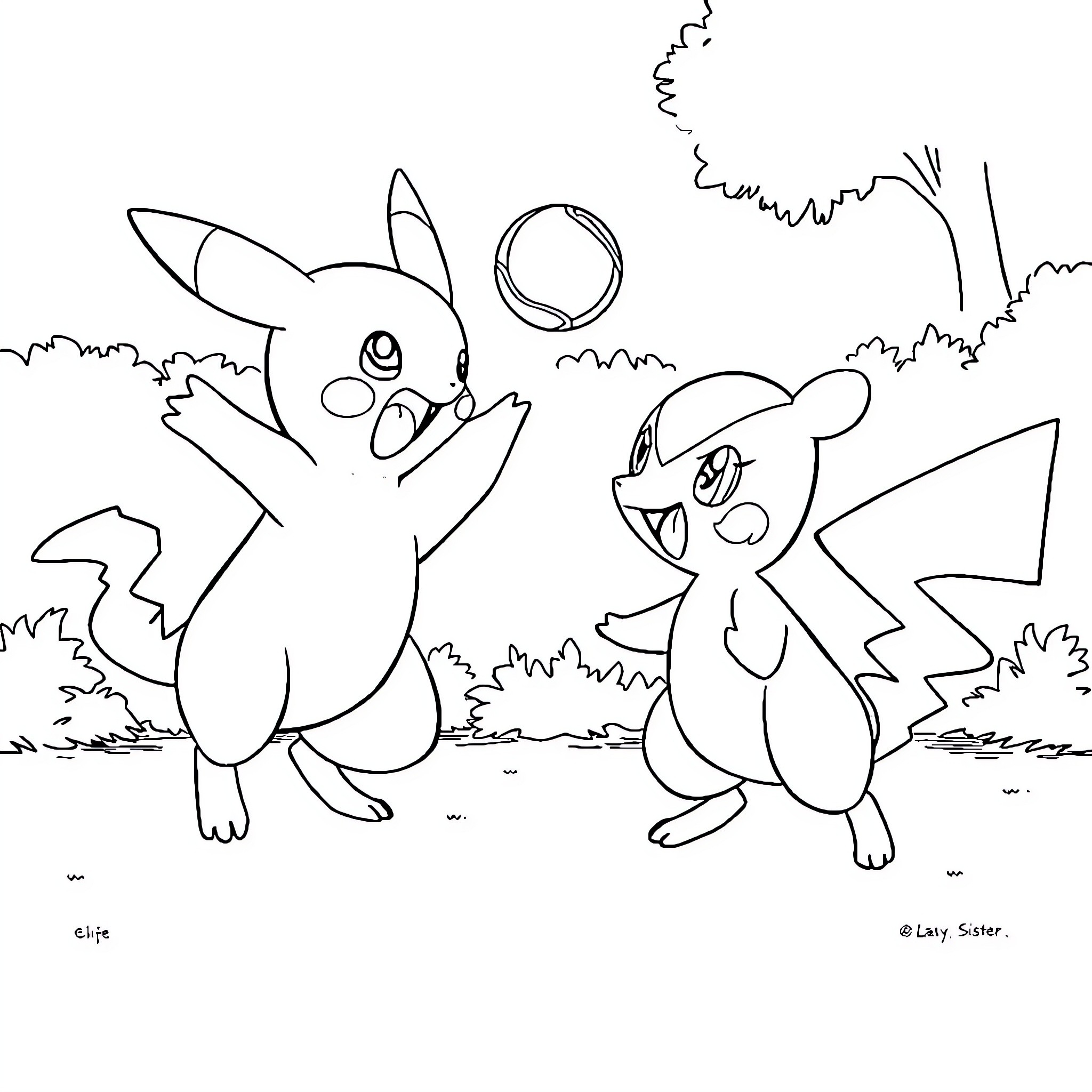 Pokémon playing happily in the field Coloring Page (free black-and-white line drawing printable PDF for all, from beginners to advanced learners, including children, teens, adults, and seniors)