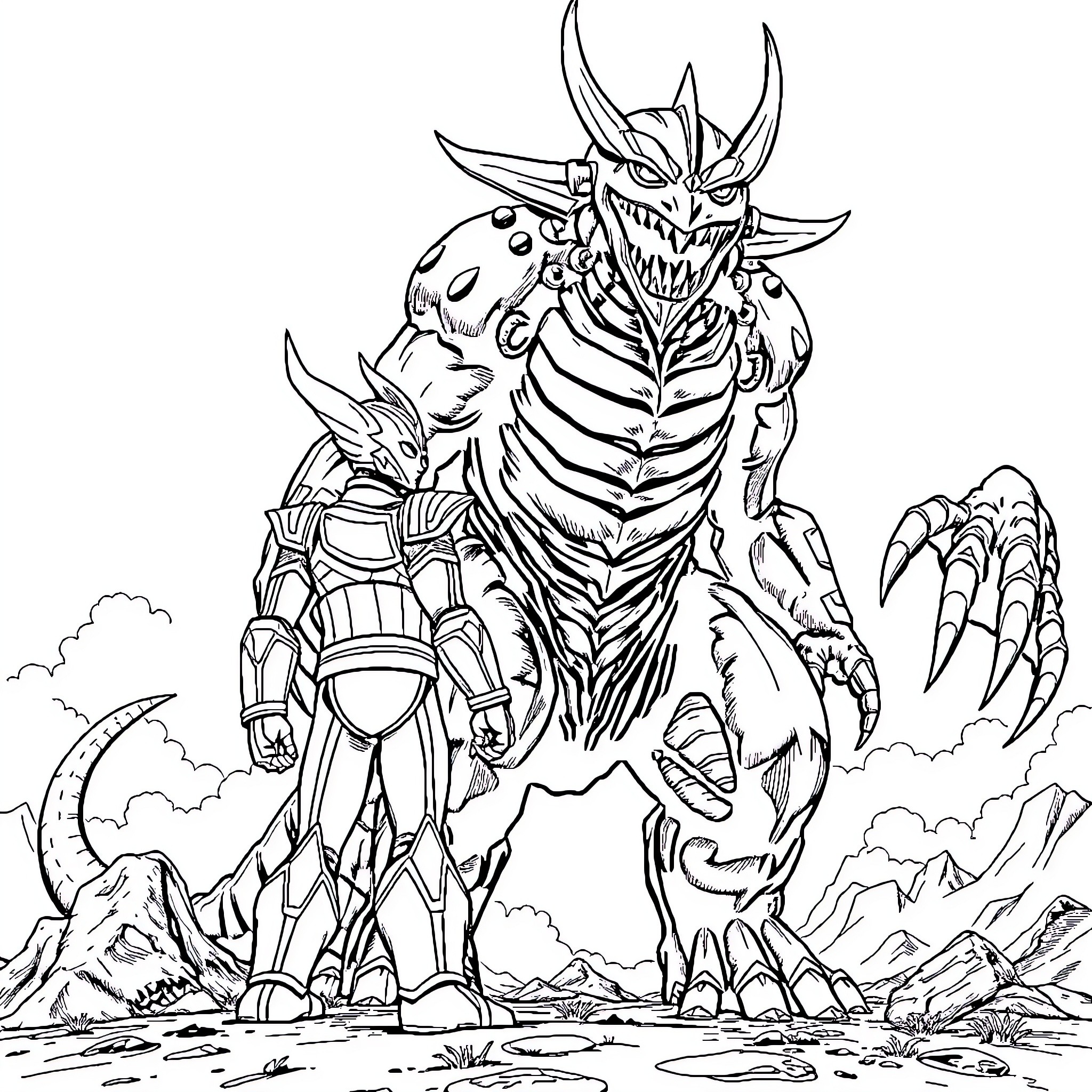 Ultraman battles a monstrous foe in an epic confrontation Coloring Page (free black-and-white line drawing printable PDF for all, from beginners to advanced learners, including children, teens, adults, and seniors)