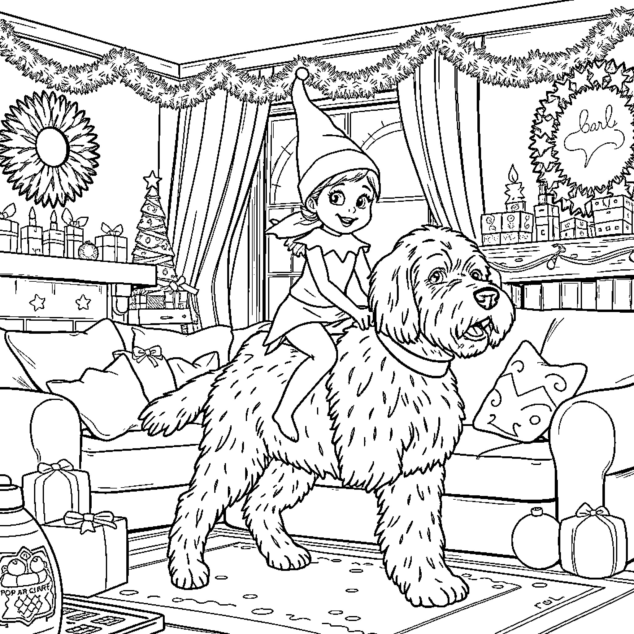 Elf playing with a fluffy dog in a festive room Coloring Page (free black-and-white line drawing printable PDF for all, from beginners to advanced learners, including children, teens, adults, and seniors)