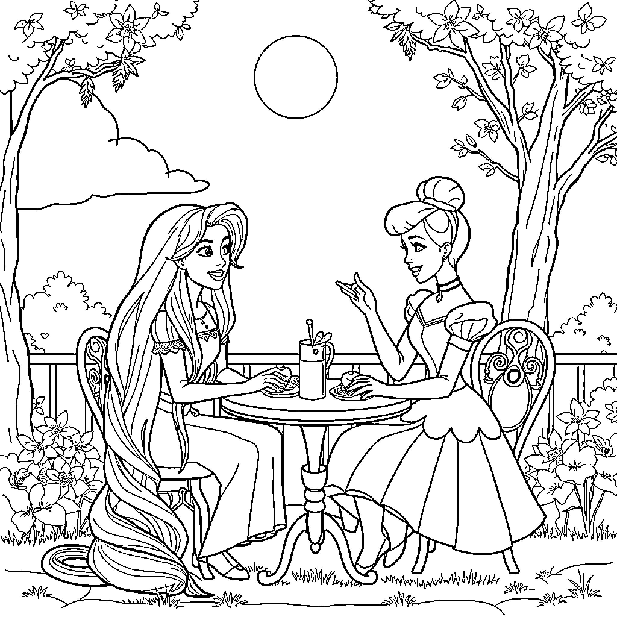 Princesses Dining in a Flowery Garden Coloring Page (free black-and-white line drawing printable PDF for all, from beginners to advanced learners, including children, teens, adults, and seniors)