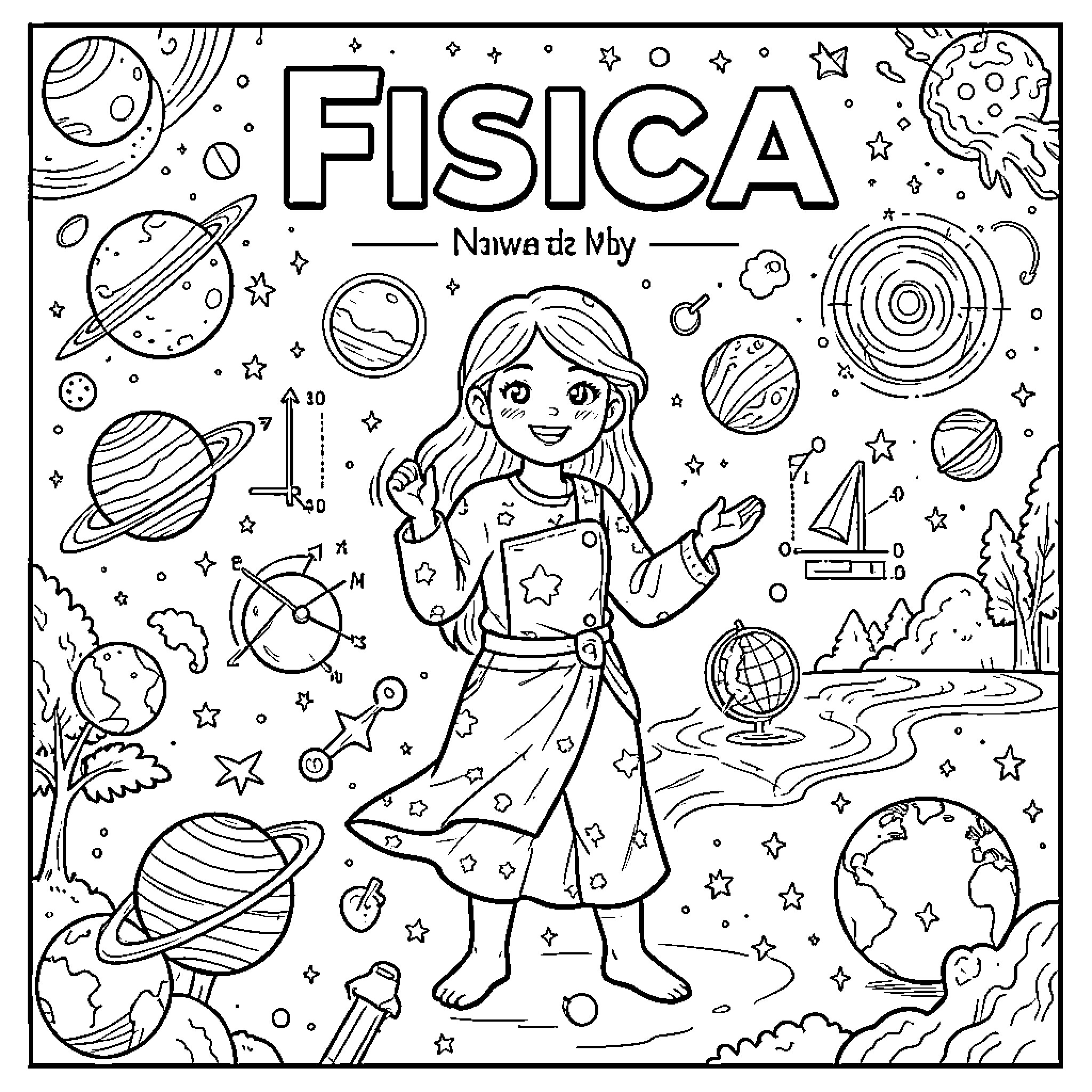 Physics of the Universe: Playful Exploration Coloring Page (free black-and-white line drawing printable PDF for all, from beginners to advanced learners, including children, teens, adults, and seniors)