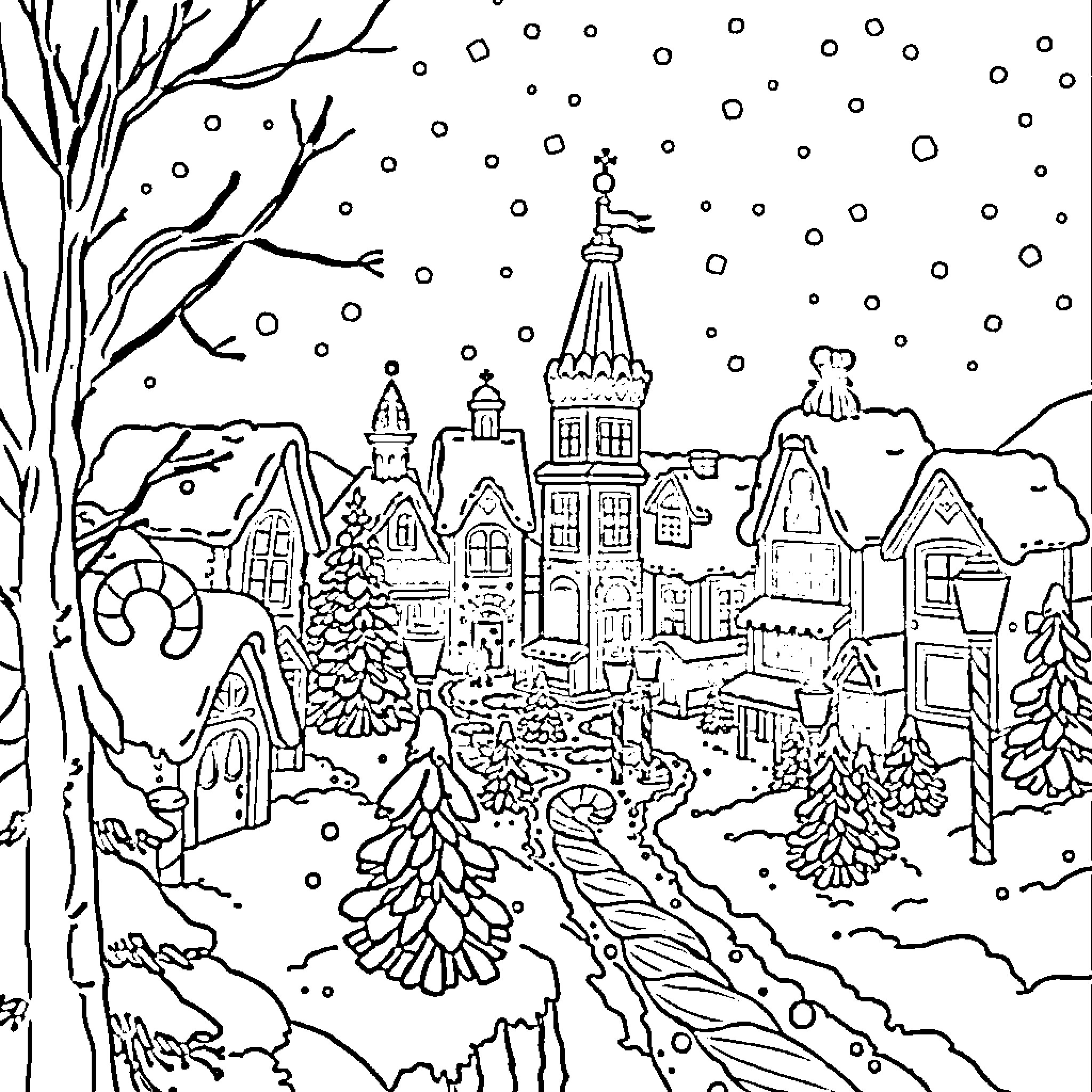 Chocolate City: Snowy Cityscape with Whimsical Architecture Coloring Page (free black-and-white line drawing printable PDF for all, from beginners to advanced learners, including children, teens, adults, and seniors)