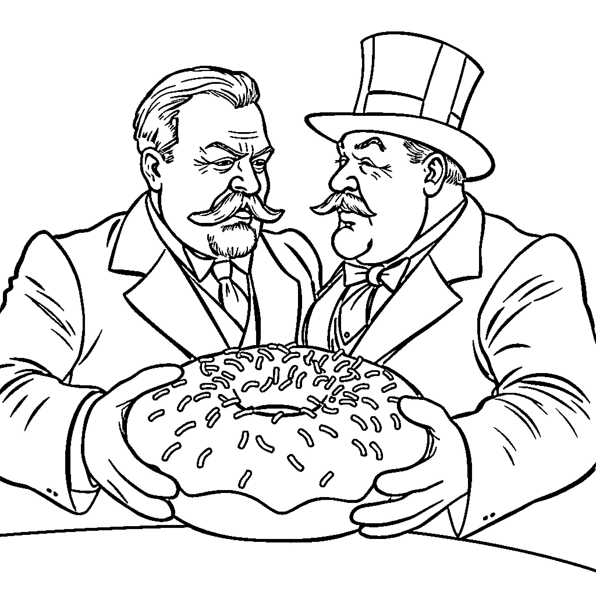 Theodore Roosevelt and Businessman Enjoying Doughnuts Coloring Page (free black-and-white line drawing printable PDF for all, from beginners to advanced learners, including children, teens, adults, and seniors)