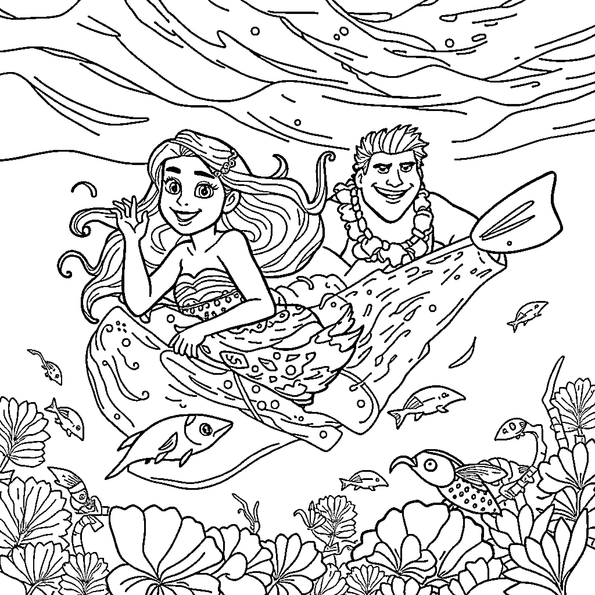 Moana and Maui exploring the underwater ocean world Coloring Page (free black-and-white line drawing printable PDF for all, from beginners to advanced learners, including children, teens, adults, and seniors)