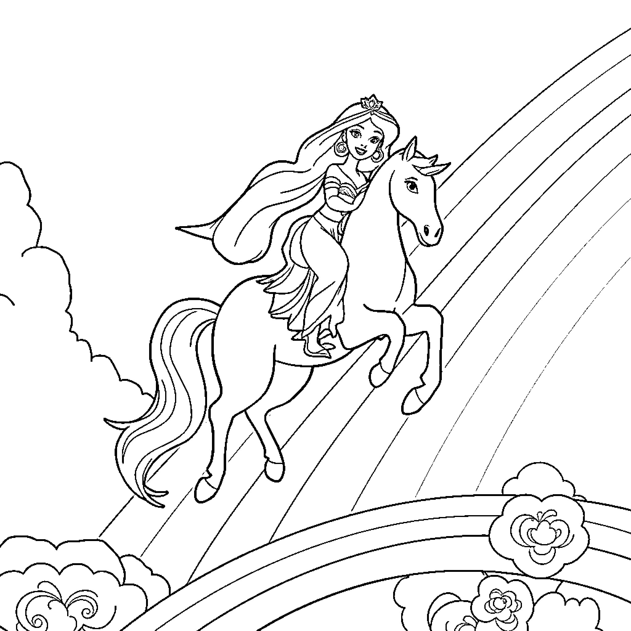 Princess Riding Majestic Horse Amidst Clouds and Rainbows Coloring Page (free black-and-white line drawing printable PDF for all, from beginners to advanced learners, including children, teens, adults, and seniors)