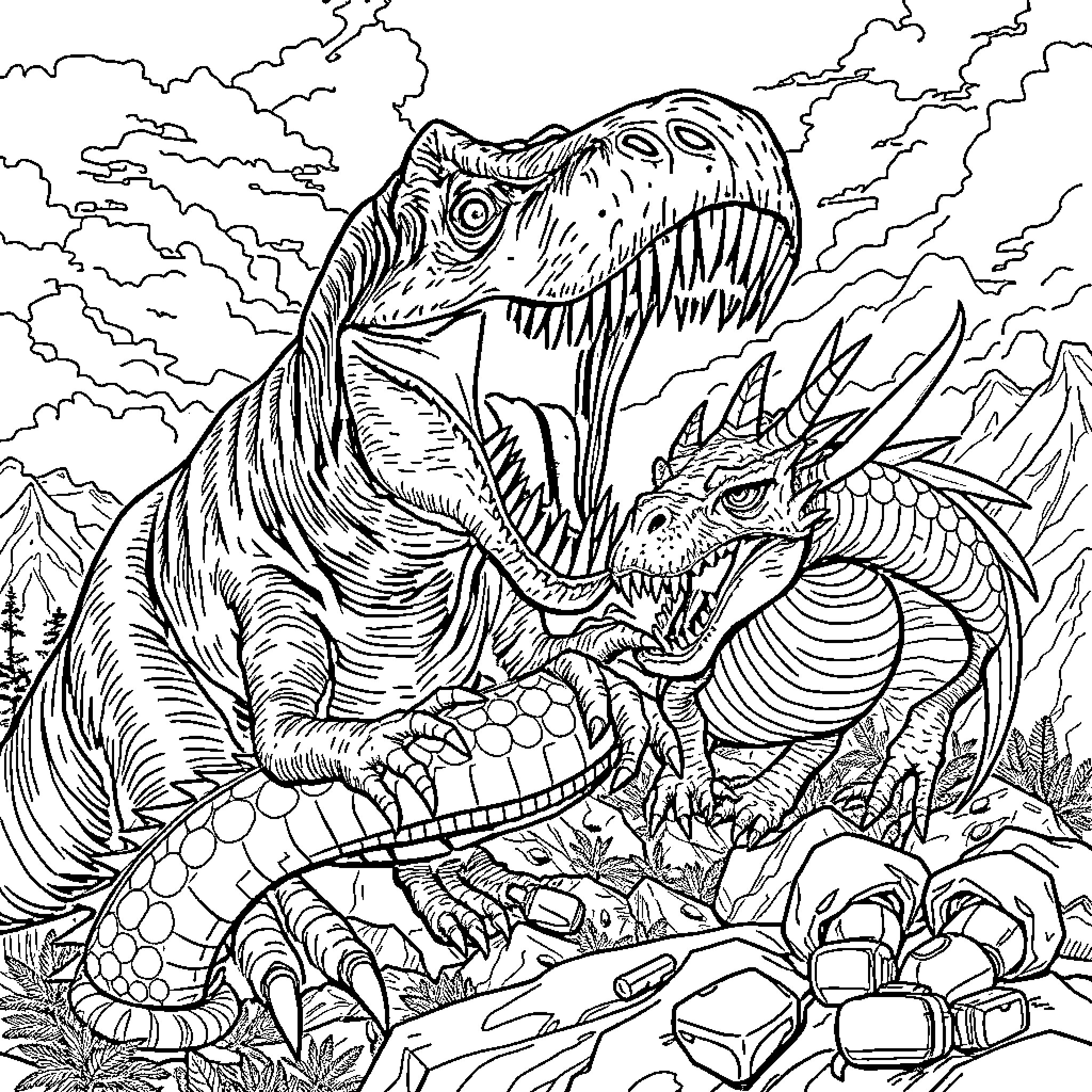 T-Rex and Triceratops Ferociously Confronting Each Other Coloring Page (free black-and-white line drawing printable PDF for all, from beginners to advanced learners, including children, teens, adults, and seniors)