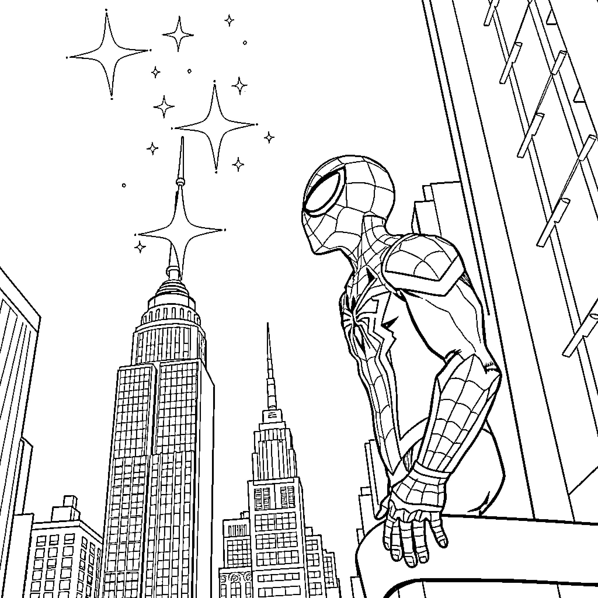 Spiderman Swinging Through the City with Skyscrapers Coloring Page (free black-and-white line drawing printable PDF for all, from beginners to advanced learners, including children, teens, adults, and seniors)