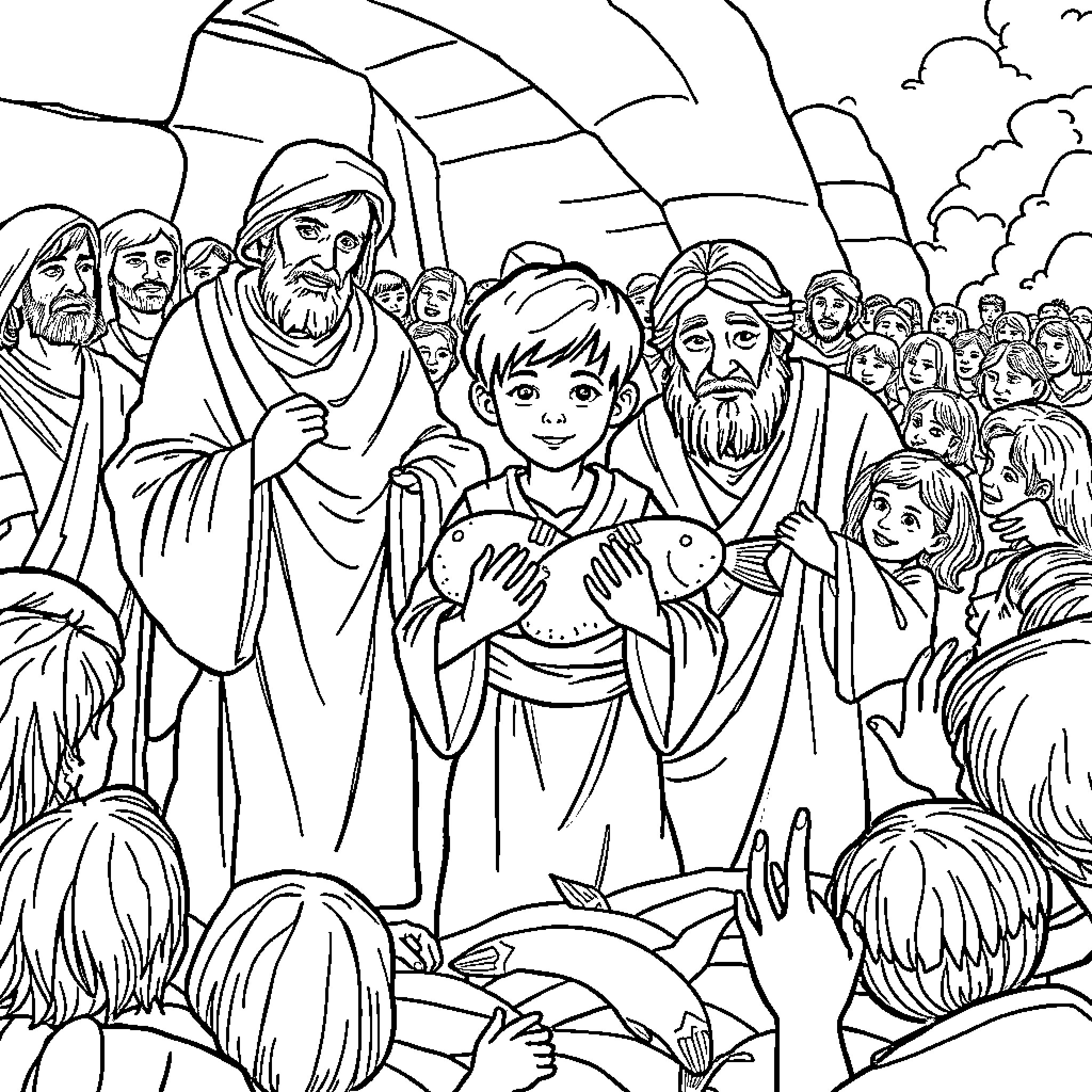 Bible Story of Jesus With His Followers Coloring Page (free black-and-white line drawing printable PDF for all, from beginners to advanced learners, including children, teens, adults, and seniors)