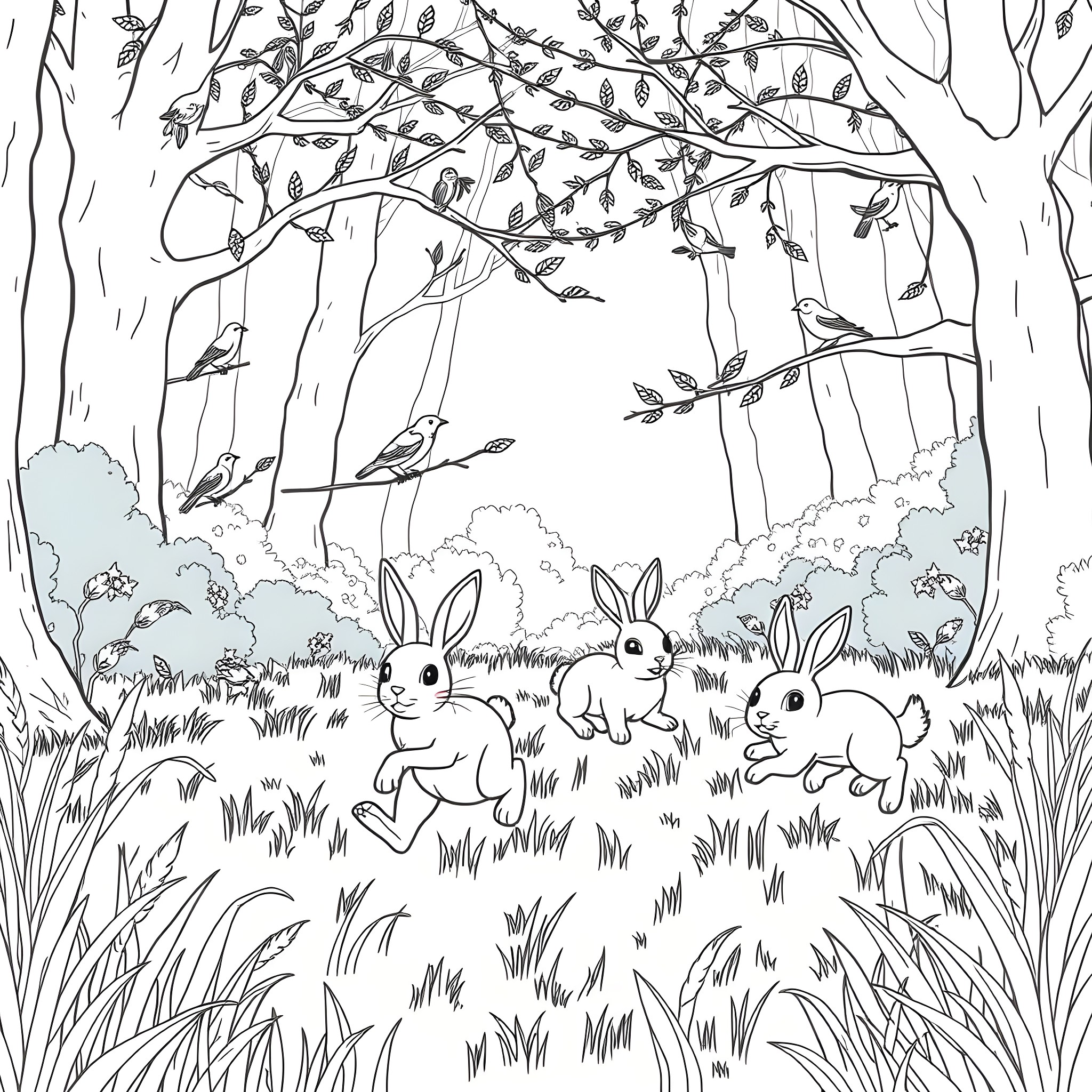 Bird Bunnies Frolicking in Woodland Scene Coloring Page (free black-and-white line drawing printable PDF for all, from beginners to advanced learners, including children, teens, adults, and seniors)
