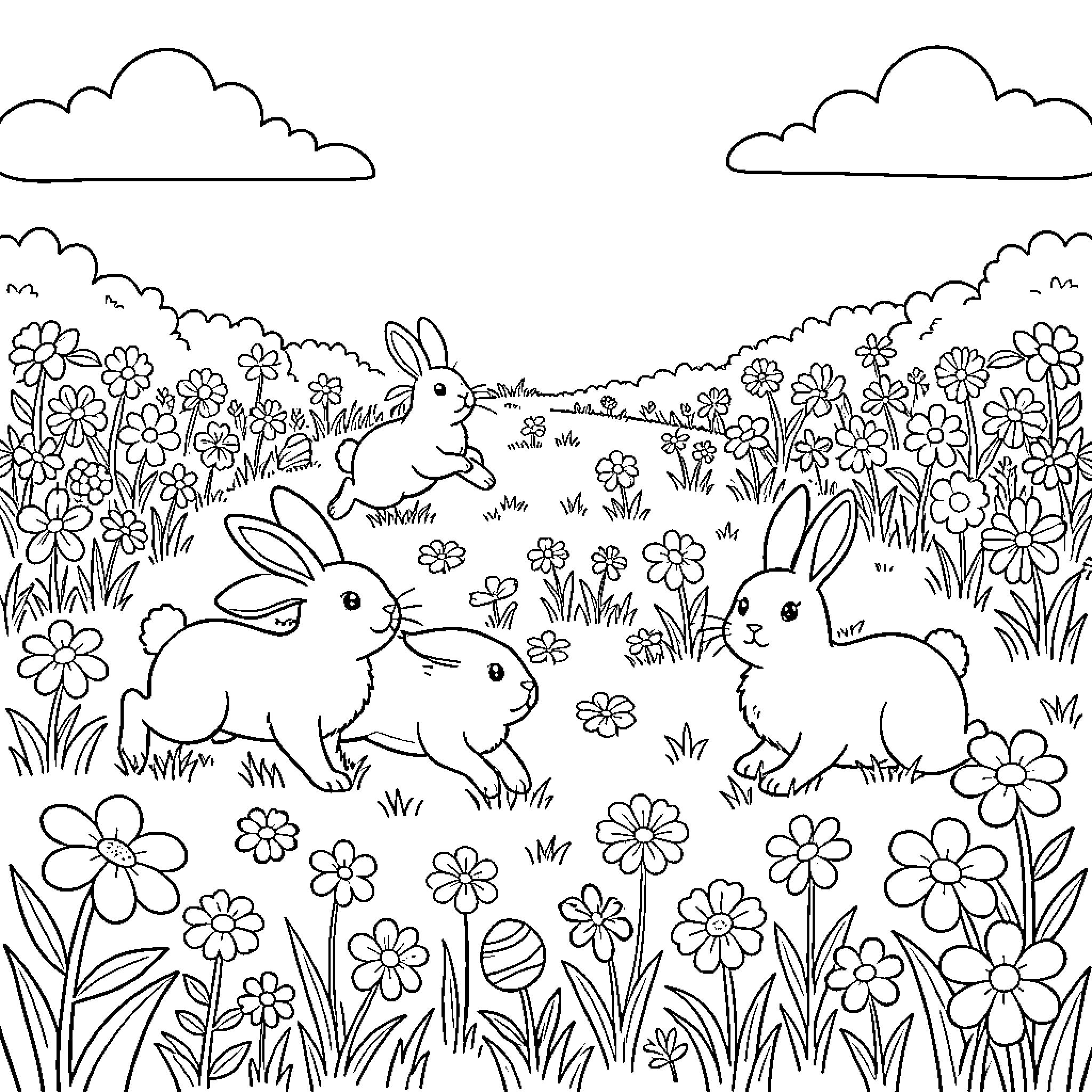 Bunnies playing in a flower-filled meadow Coloring Page (free black-and-white line drawing printable PDF for all, from beginners to advanced learners, including children, teens, adults, and seniors)