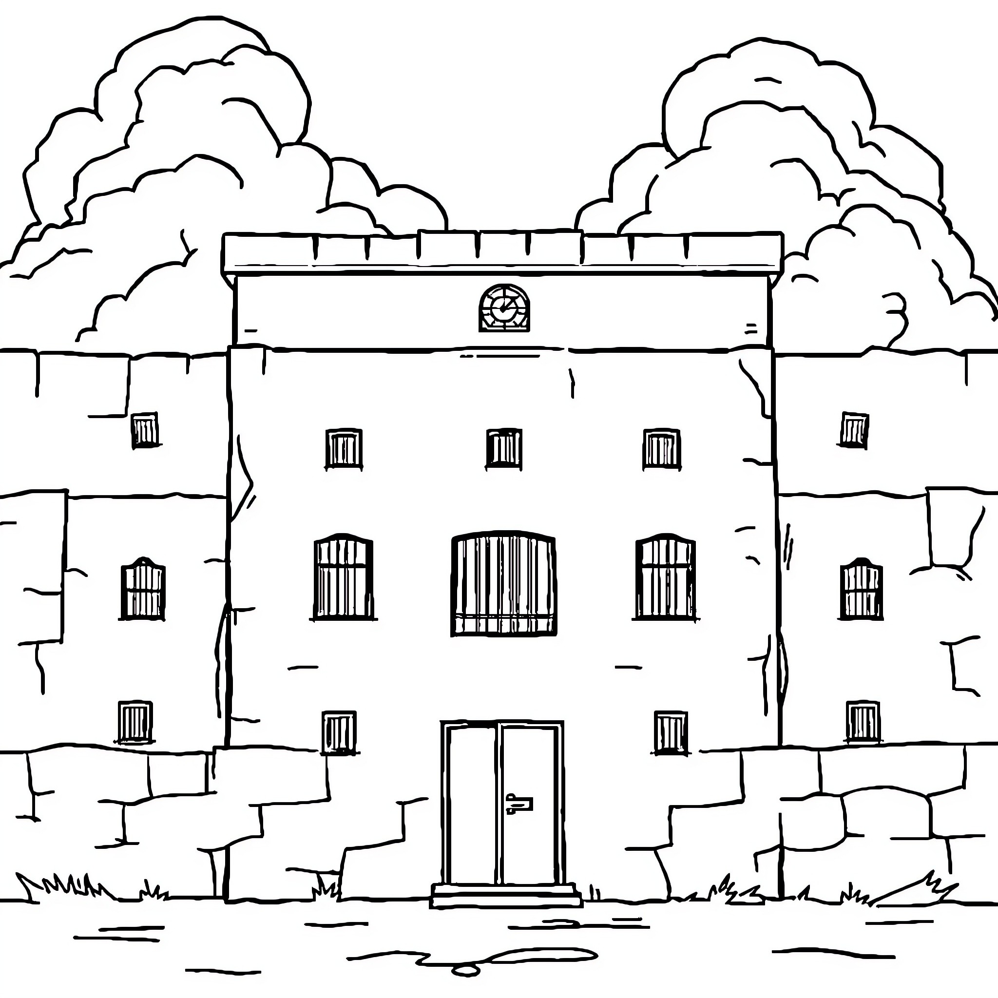 Prison with barred windows and entrance Coloring Page (free black-and-white line drawing printable PDF for all, from beginners to advanced learners, including children, teens, adults, and seniors)