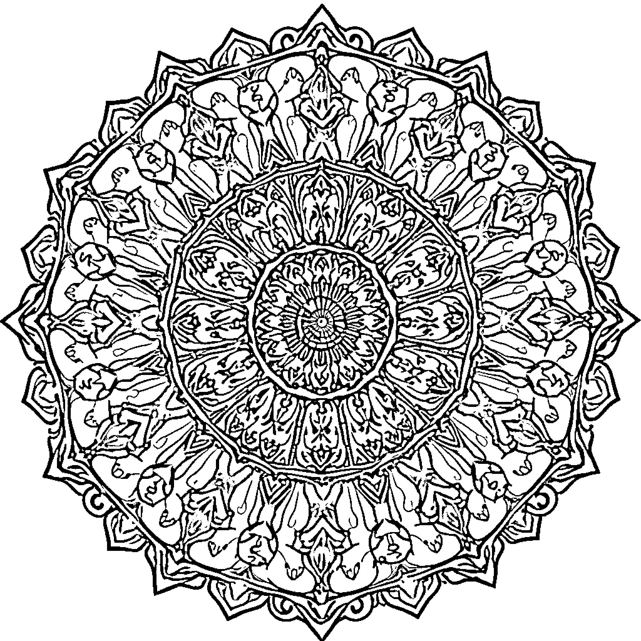 Music Mandala Design with Intricate Patterns Coloring Page (free black-and-white line drawing printable PDF for all, from beginners to advanced learners, including children, teens, adults, and seniors)