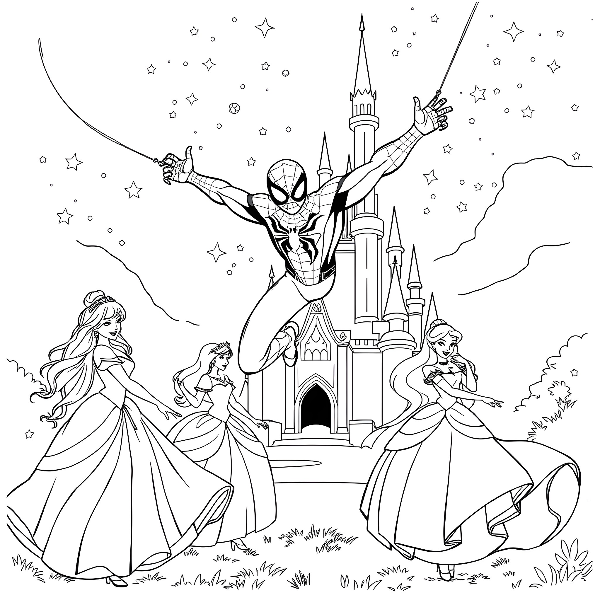 Spider-Man webslinging among Disney Princesses in front of a castle Coloring Page (free black-and-white line drawing printable PDF for all, from beginners to advanced learners, including children, teens, adults, and seniors)