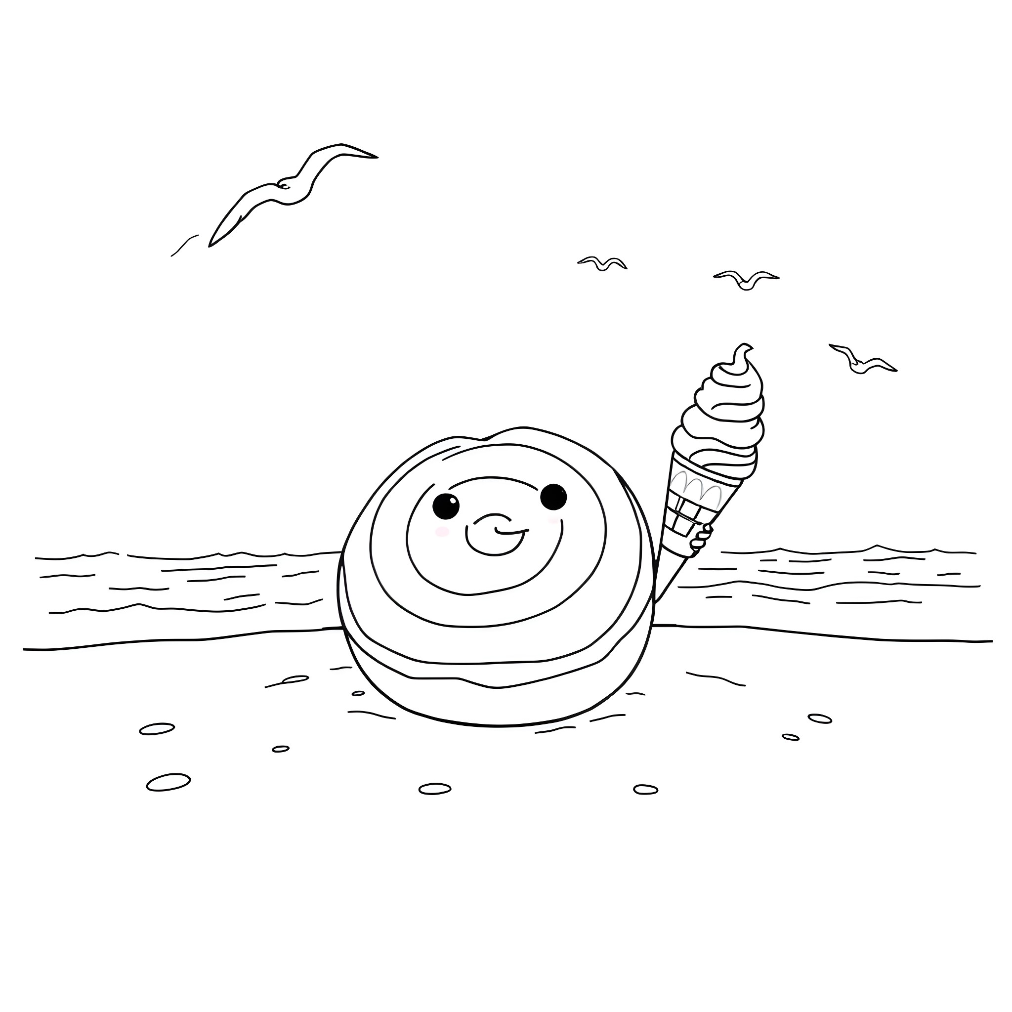 Cinnamon Roll enjoying a summer day at the beach Coloring Page (free black-and-white line drawing printable PDF for all, from beginners to advanced learners, including children, teens, adults, and seniors)