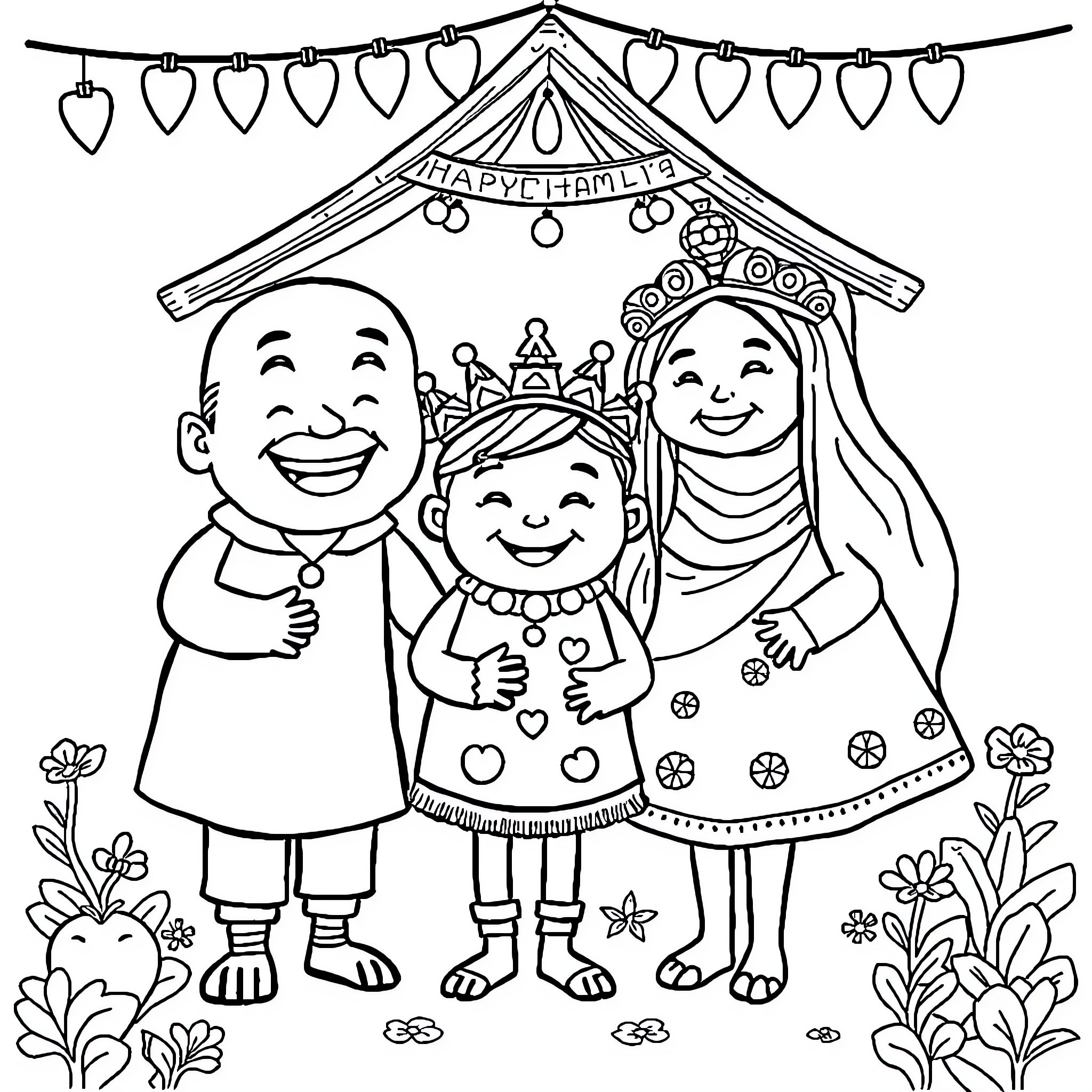 Batifamilia enjoying a festive celebration Coloring Page (free black-and-white line drawing printable PDF for all, from beginners to advanced learners, including children, teens, adults, and seniors)