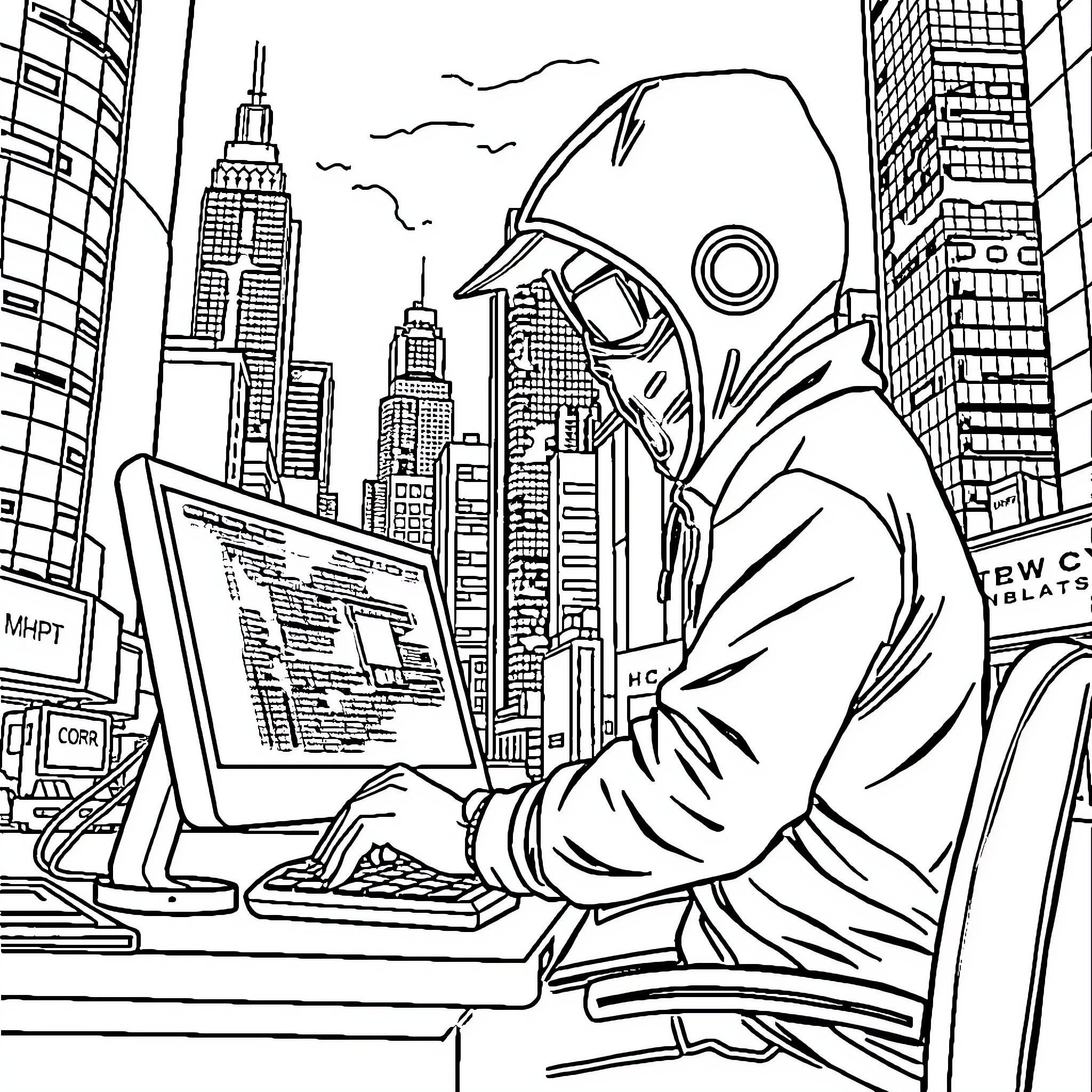 Hacker infiltrating corporate systems in the city Coloring Page (free black-and-white line drawing printable PDF for all, from beginners to advanced learners, including children, teens, adults, and seniors)