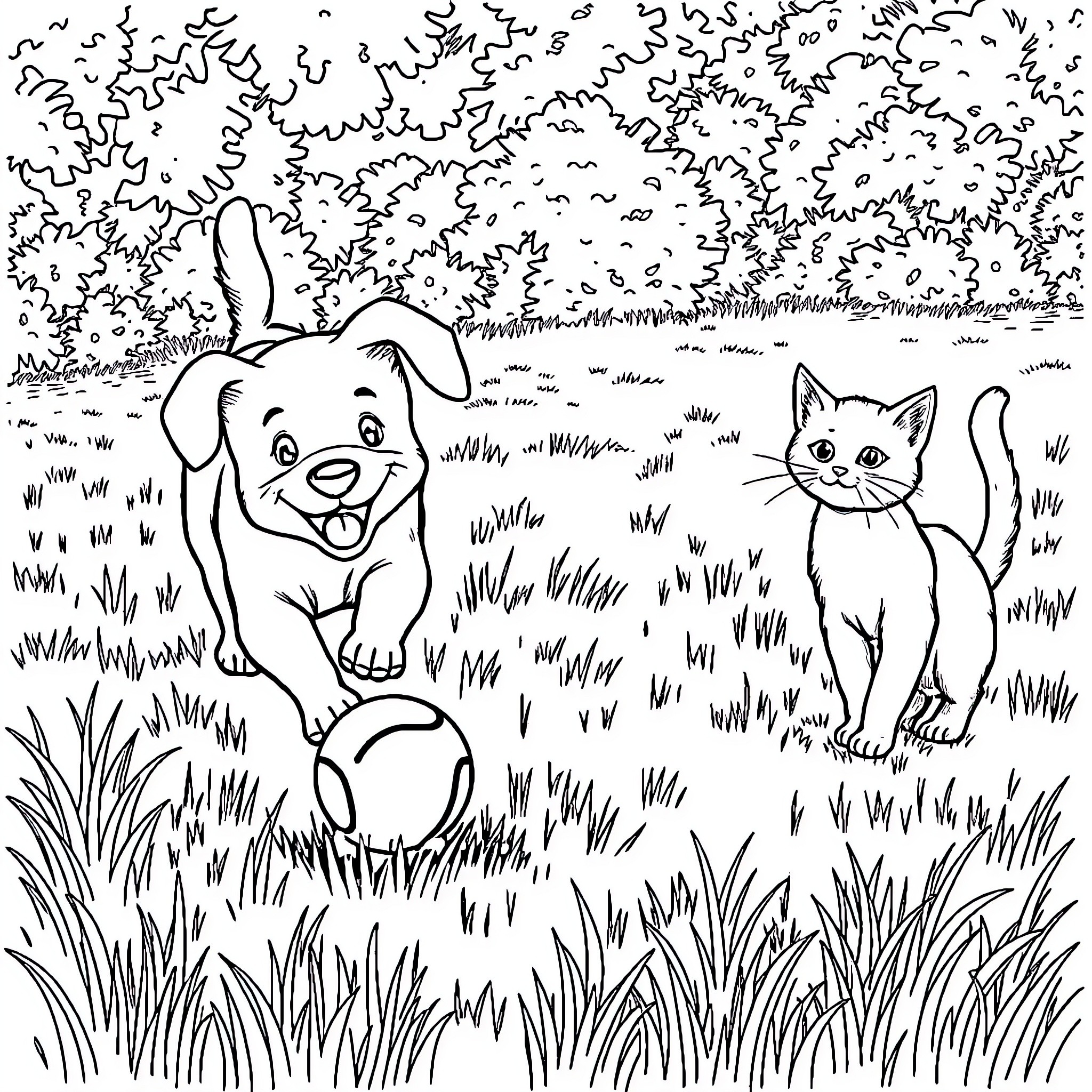 Dog playing with cat in a grassy field Coloring Page (free black-and-white line drawing printable PDF for all, from beginners to advanced learners, including children, teens, adults, and seniors)