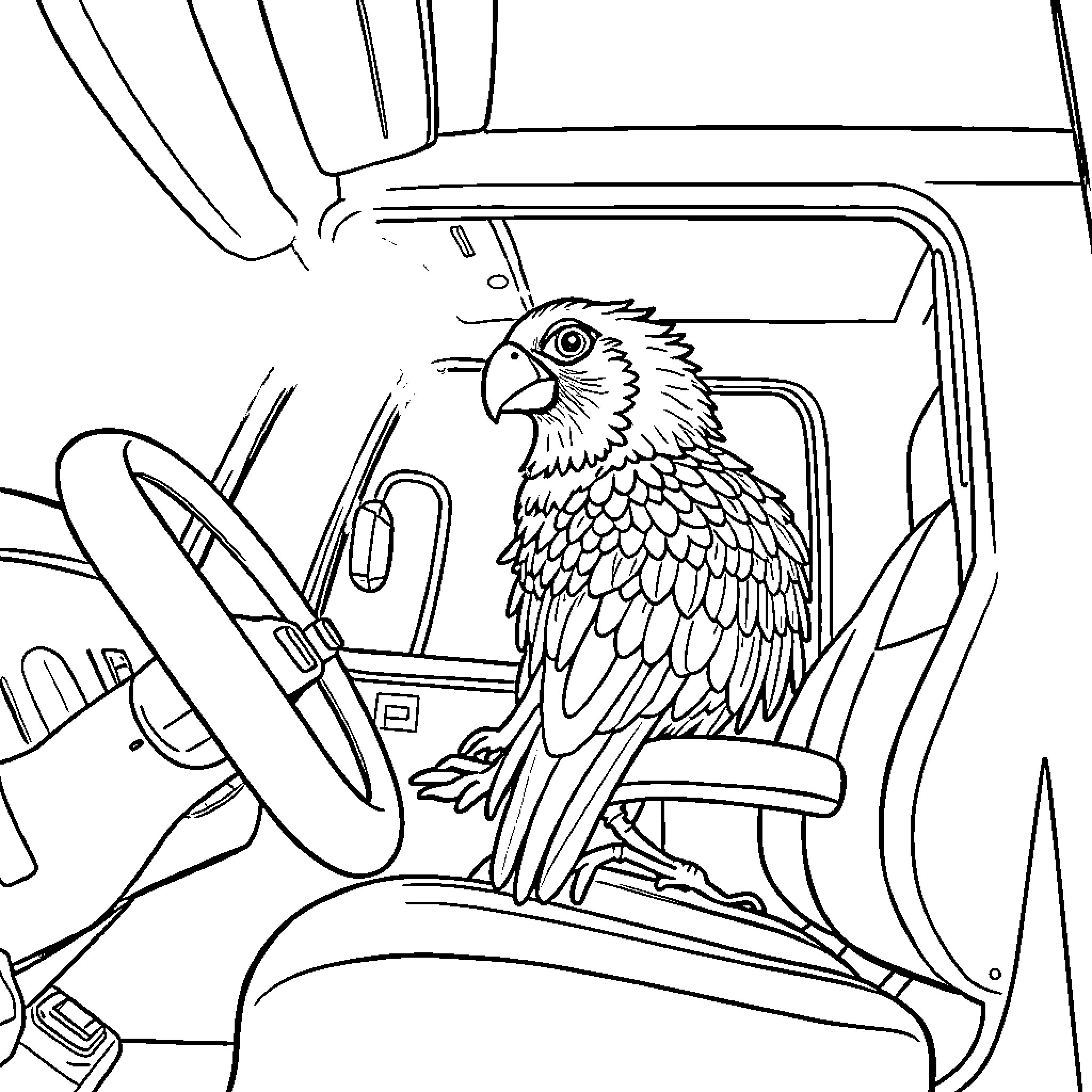 Bird riding in vehicle with steering wheel Coloring Page (free black-and-white line drawing printable PDF for all, from beginners to advanced learners, including children, teens, adults, and seniors)