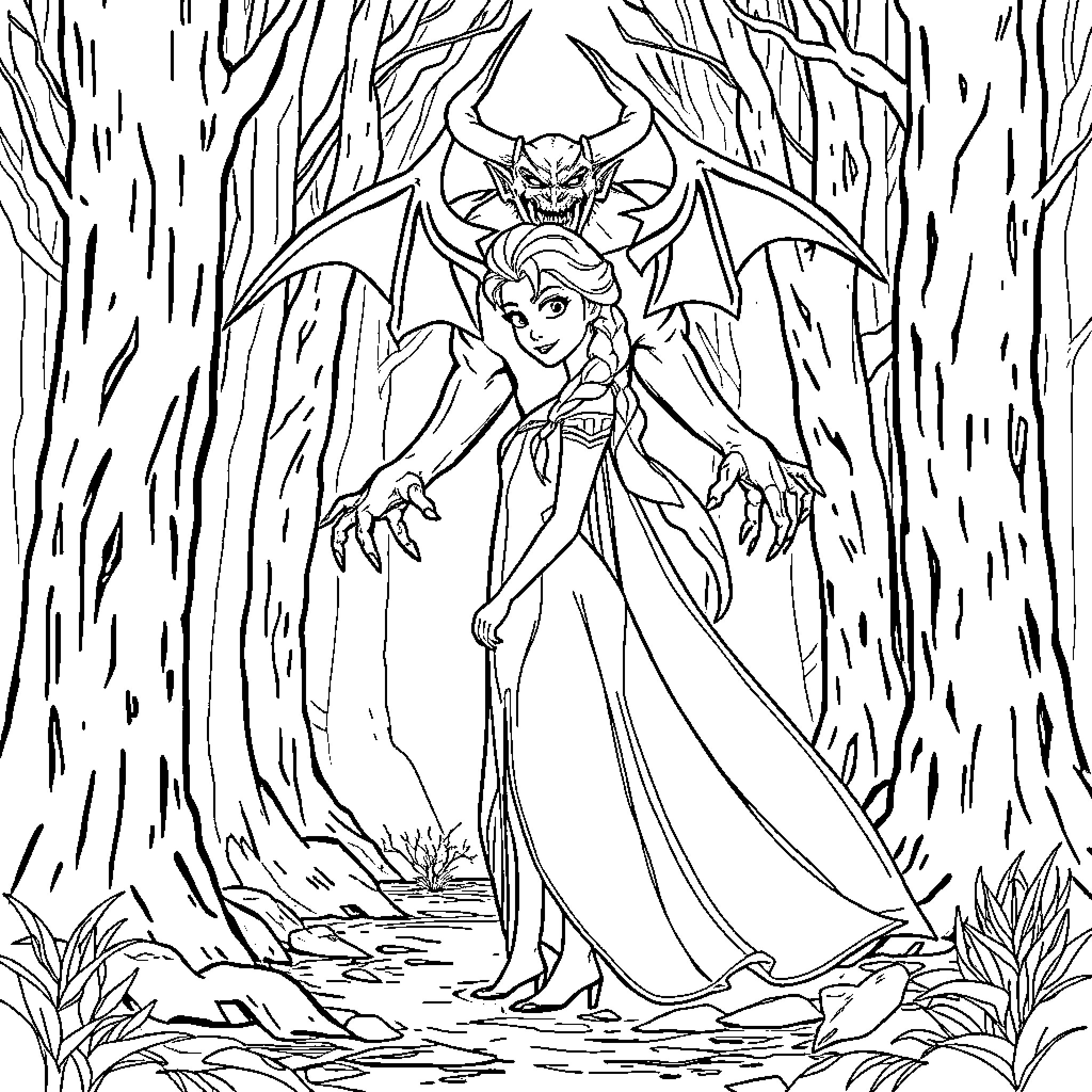 Elsa's Encounter with the Dark Forest Creature Coloring Page (free black-and-white line drawing printable PDF for all, from beginners to advanced learners, including children, teens, adults, and seniors)