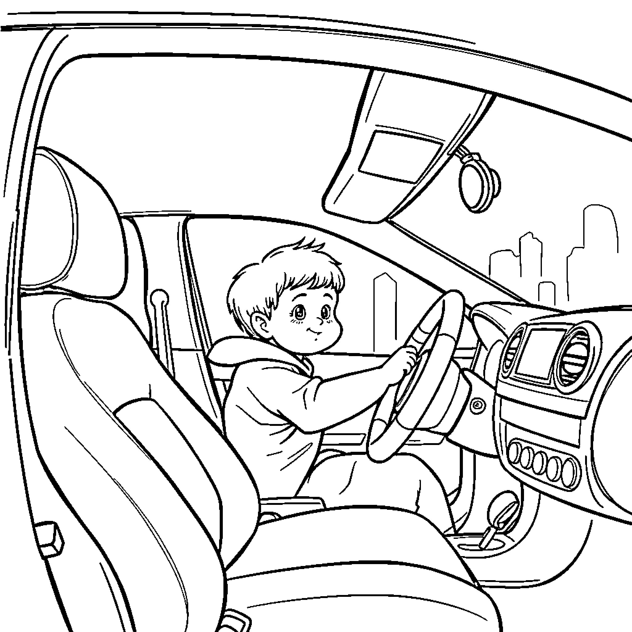 Child driving a car happily Coloring Page (free black-and-white line drawing printable PDF for all, from beginners to advanced learners, including children, teens, adults, and seniors)