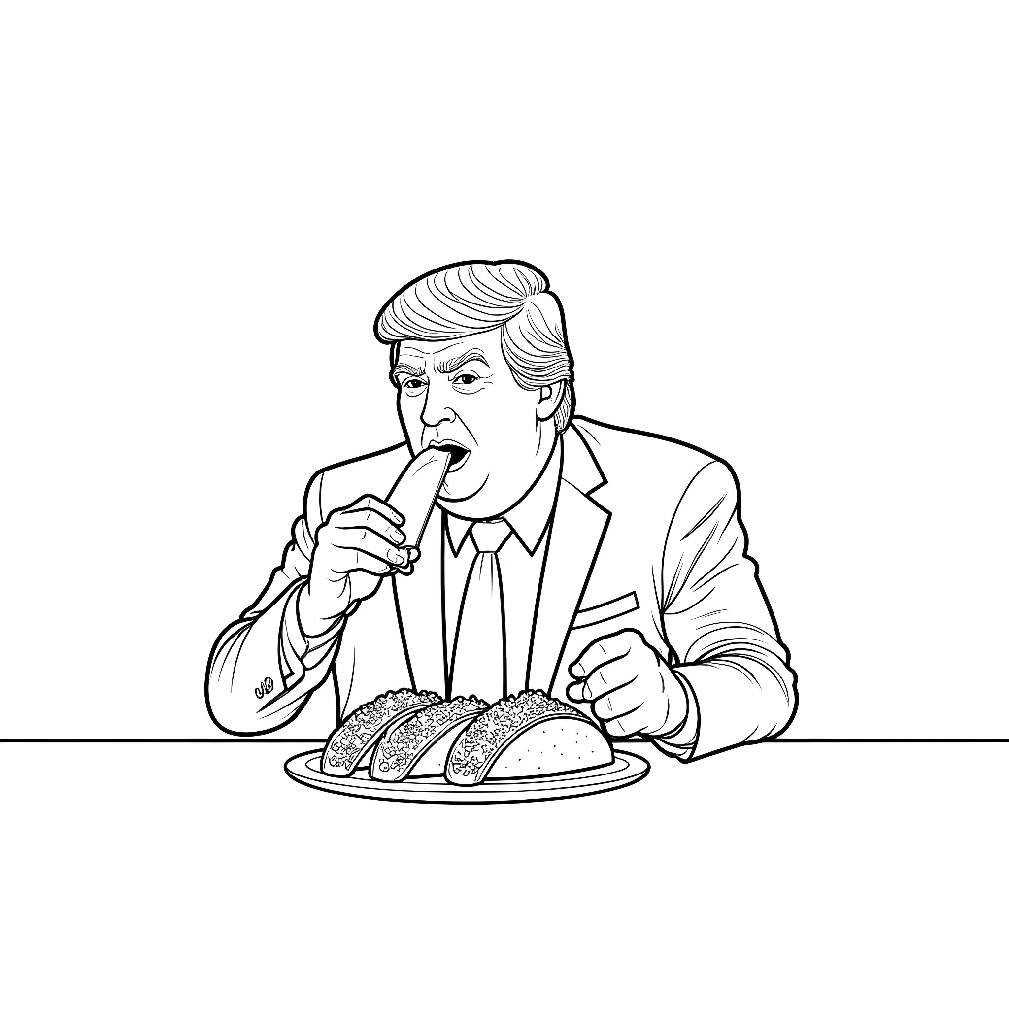 Trump enjoying a meal with a serious expression Coloring Page (free black-and-white line drawing printable PDF for all, from beginners to advanced learners, including children, teens, adults, and seniors)