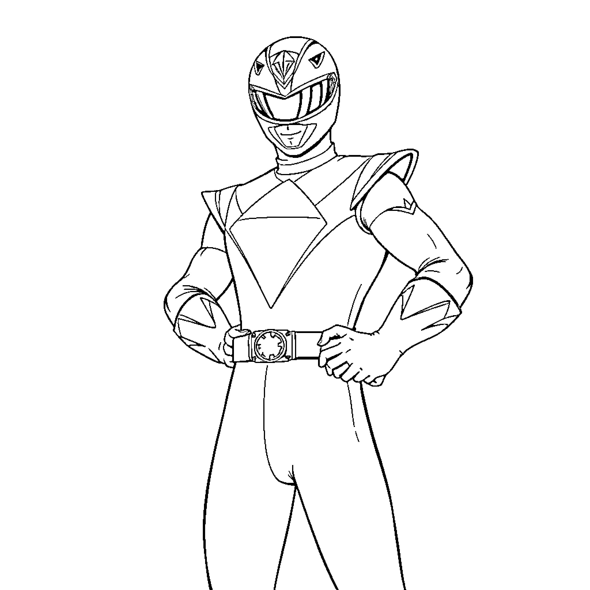 Power Ranger Heroic Stance in Uniform Coloring Page (free black-and-white line drawing printable PDF for all, from beginners to advanced learners, including children, teens, adults, and seniors)