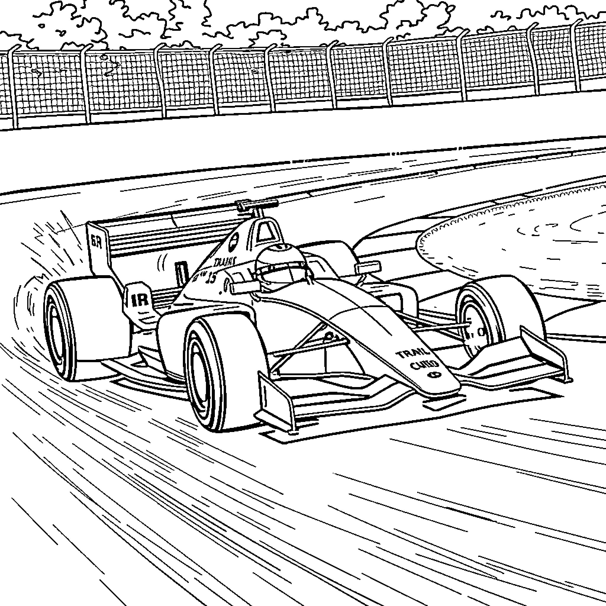Formula 1 Racing Car on the Track Coloring Page (free black-and-white line drawing printable PDF for all, from beginners to advanced learners, including children, teens, adults, and seniors)