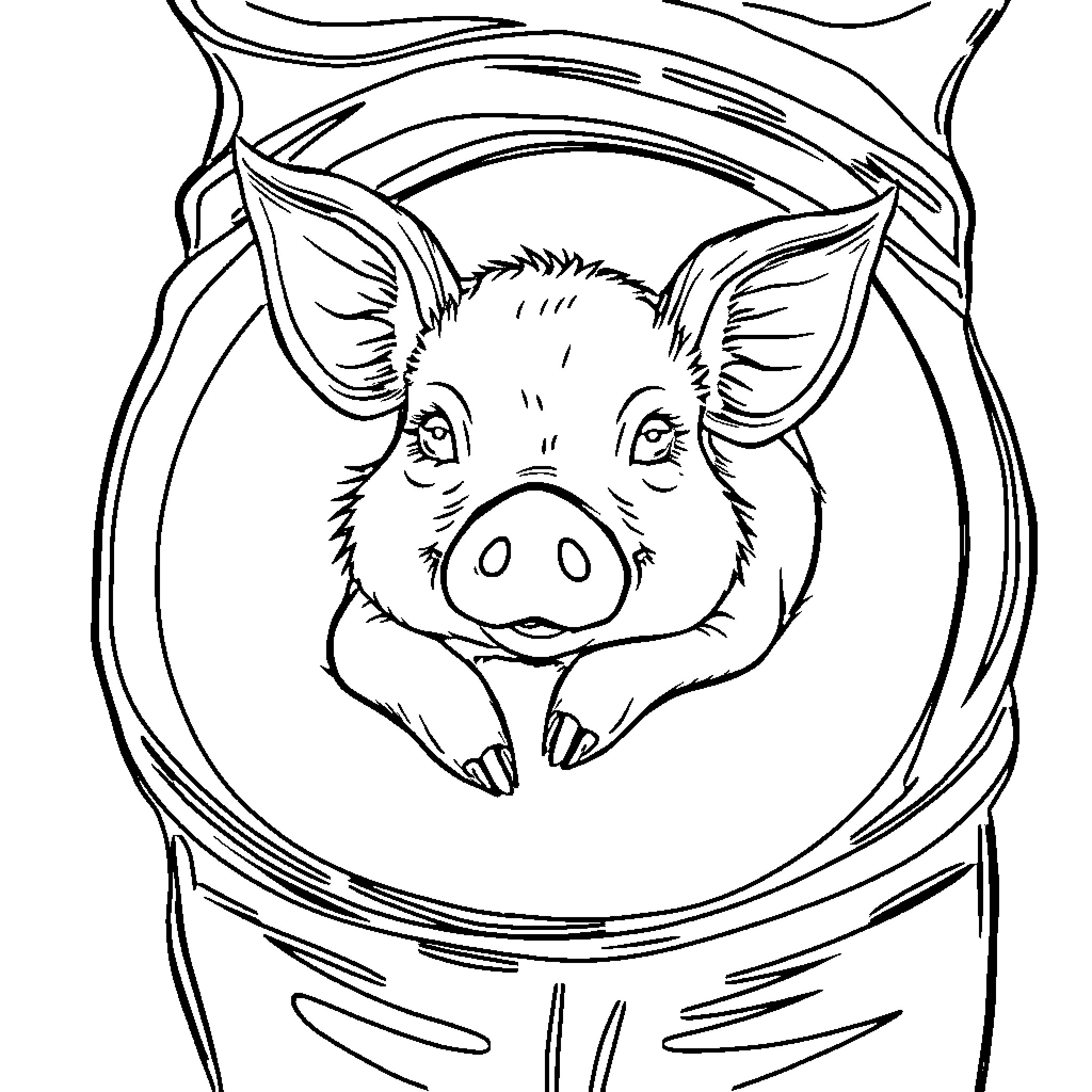 Pig peeking out from behind a wavy frame Coloring Page (free black-and-white line drawing printable PDF for all, from beginners to advanced learners, including children, teens, adults, and seniors)