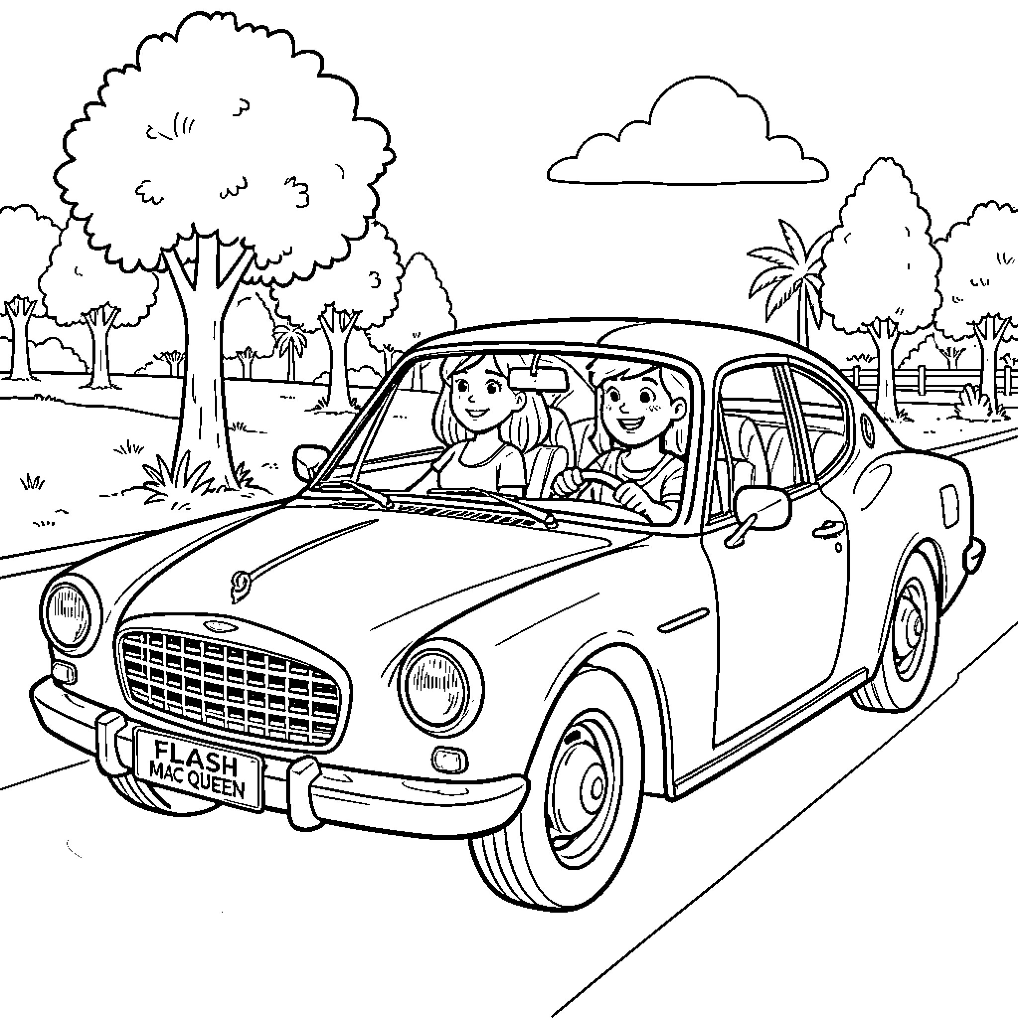 Flash Mac Queen driving a car with happy children Coloring Page (free black-and-white line drawing printable PDF for all, from beginners to advanced learners, including children, teens, adults, and seniors)